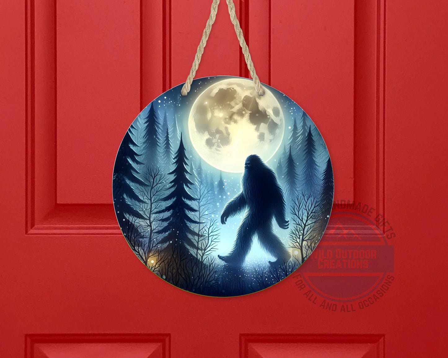 Bigfoot Door Hanger - Aluminum Round Porch Sign With Moonlit Forest Decor - alternate view