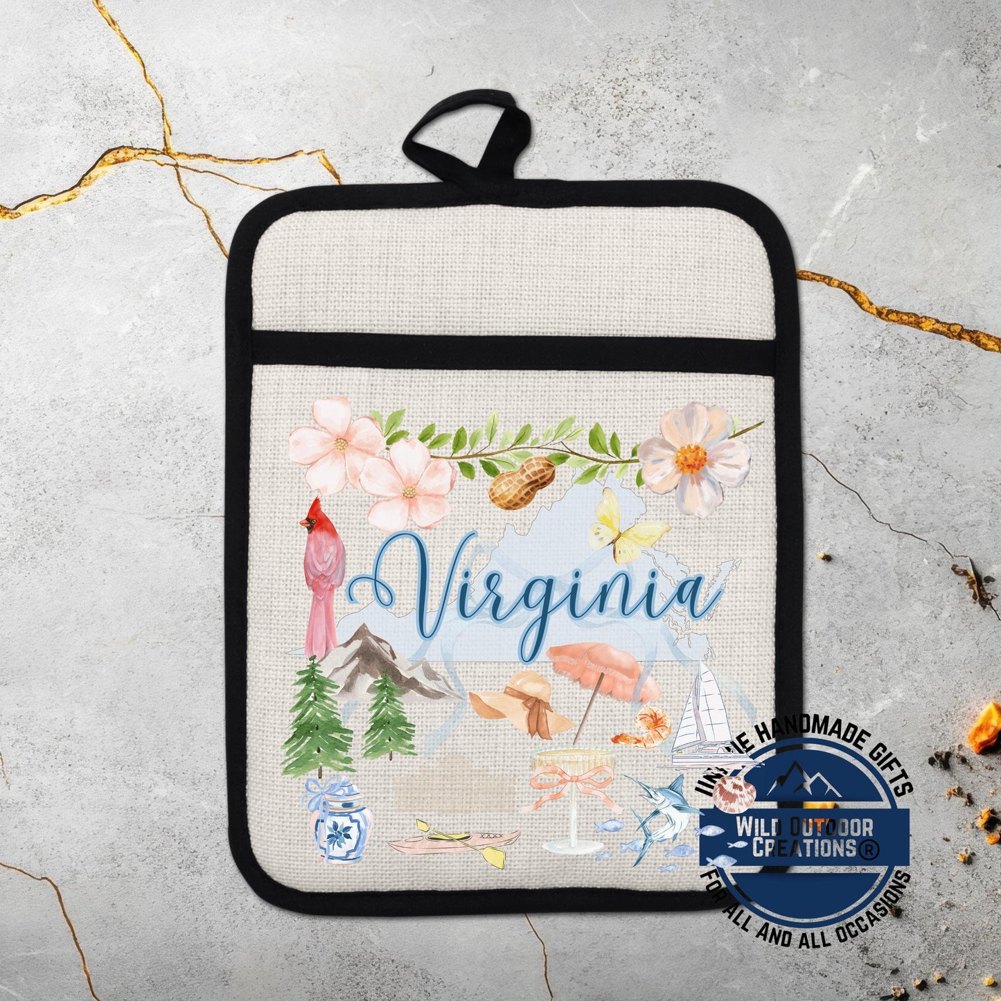 Virginia Pot Holder – Linen Kitchen Accessory With Cardinal Watercolor Design - product dimensions and specifications