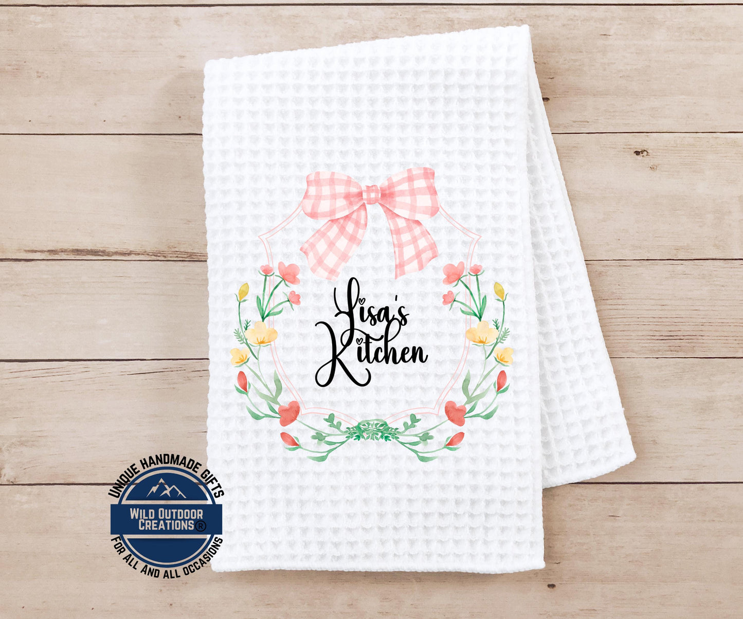 Personalized Kitchen Towel – Custom Floral Wreath Pink Gingham Bow Gift - alternate view