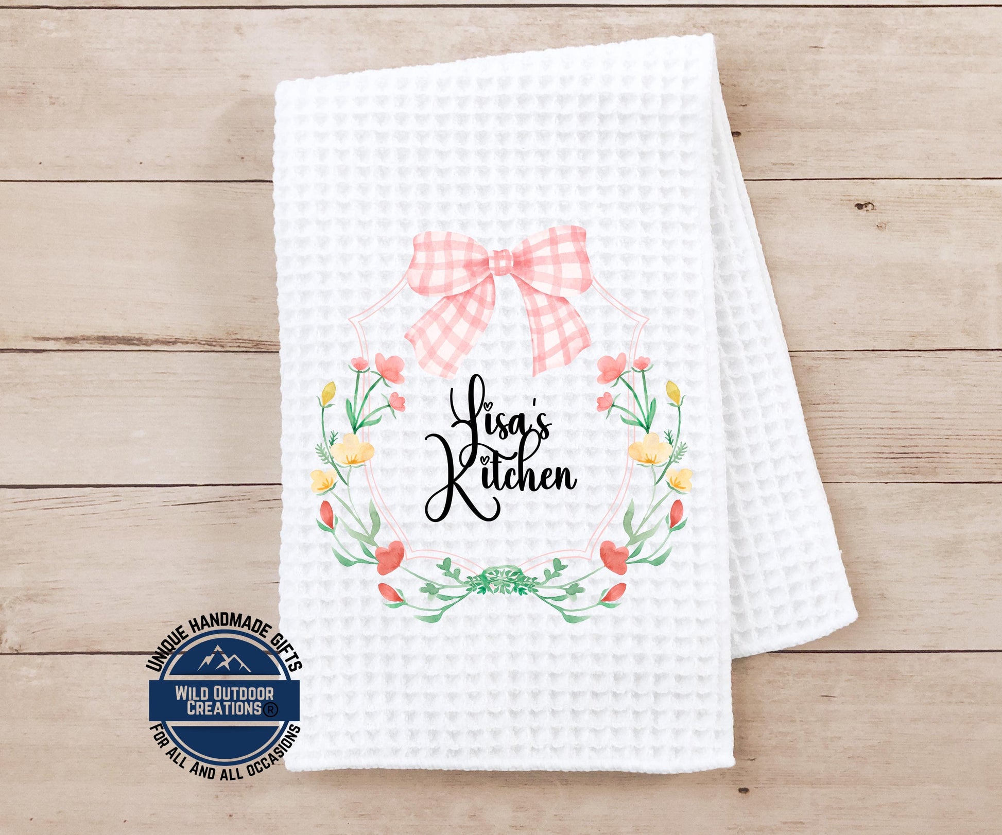 Personalized Kitchen Towel – Custom Floral Wreath Pink Gingham Bow Gift - alternate view