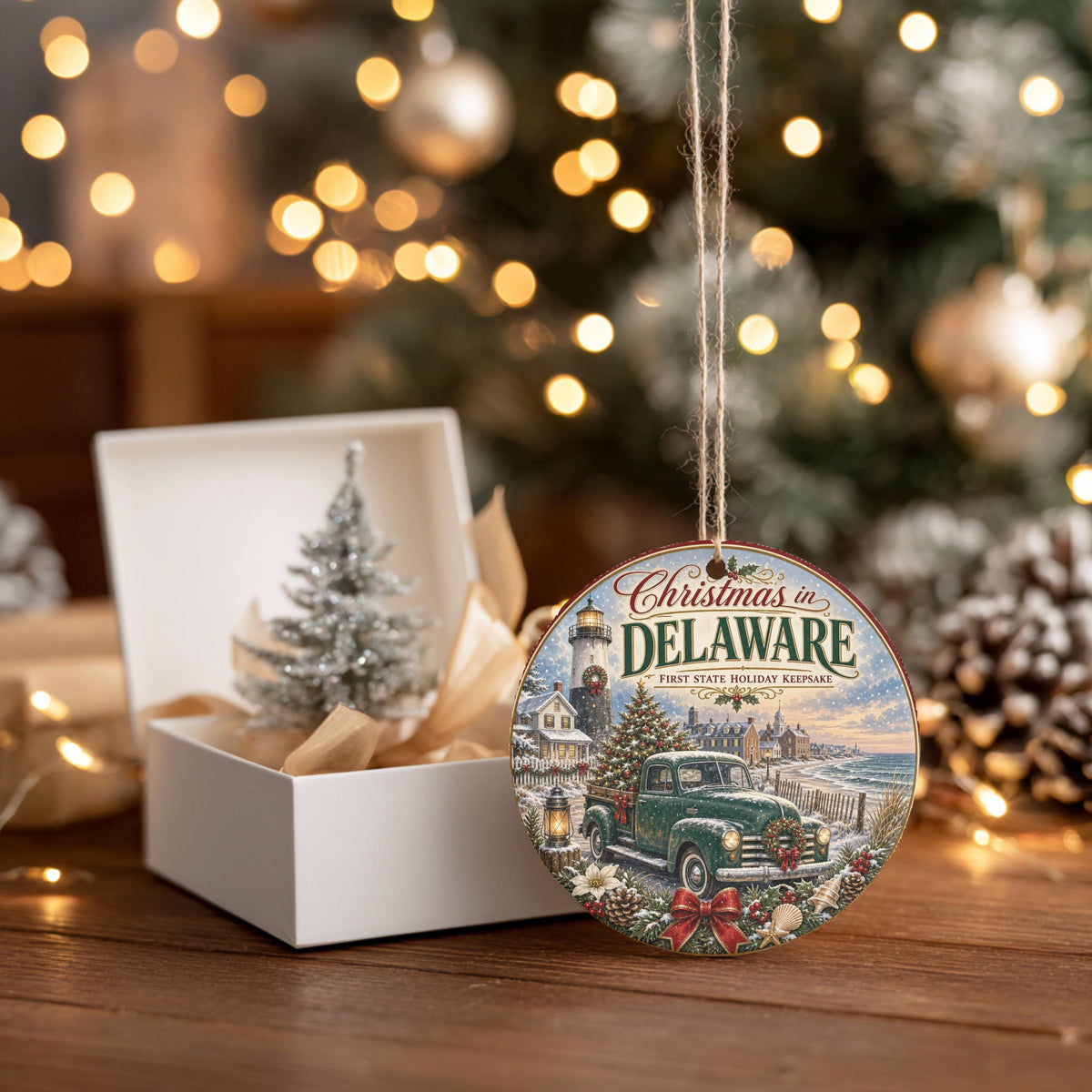Delaware Christmas Ornament, Coastal Lighthouse Vintage Truck Art