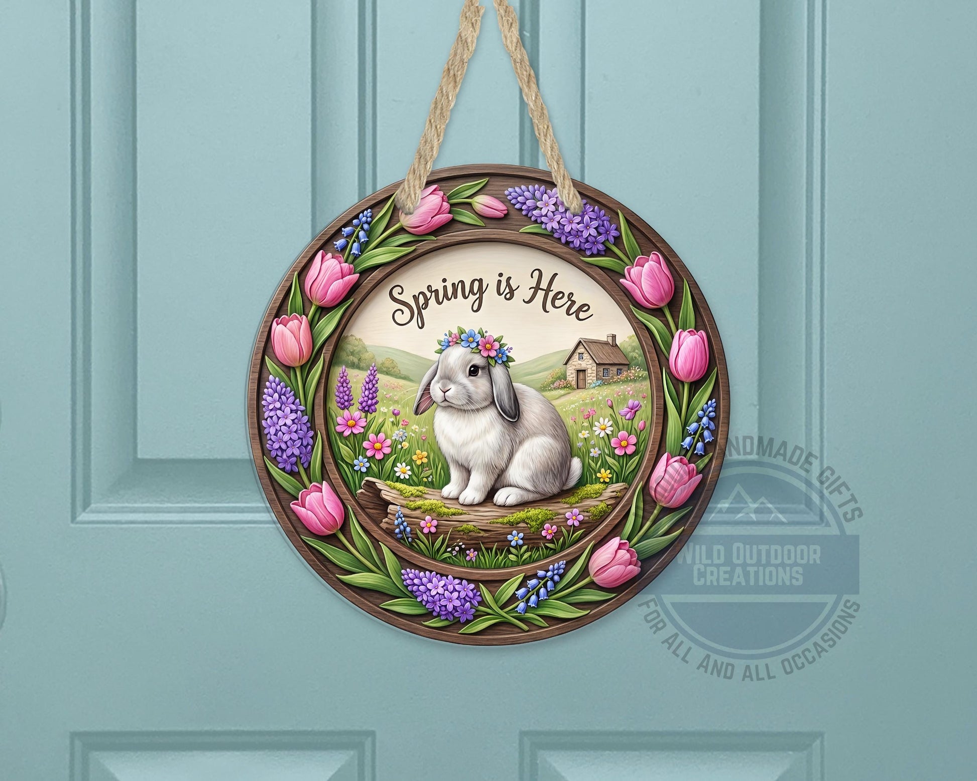 Spring Door Hanger – Round Aluminum Bunny Spring Sign with Tulip Decor - detail view