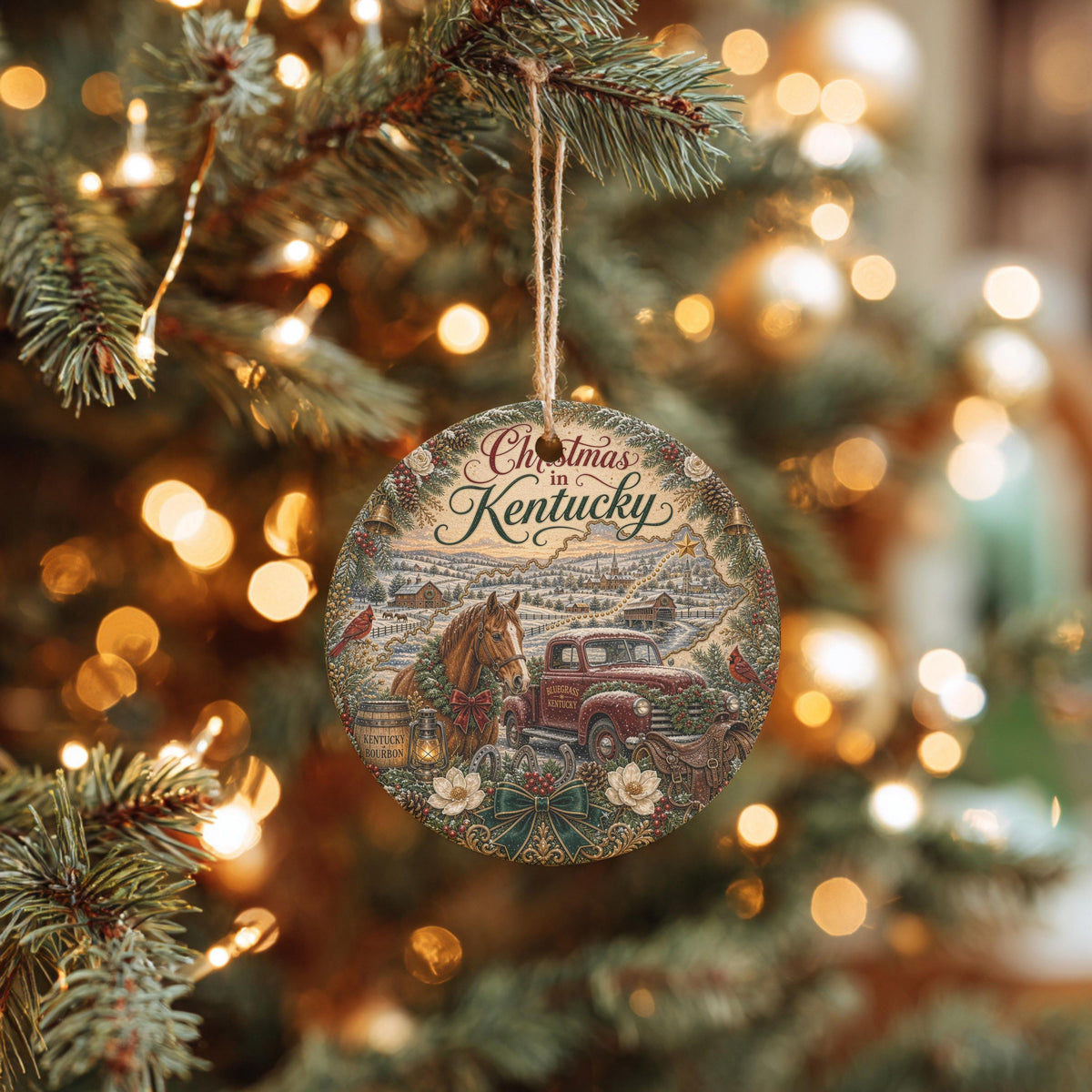 Kentucky Christmas Ornament, Bluegrass Horse Farm Ceramic Round