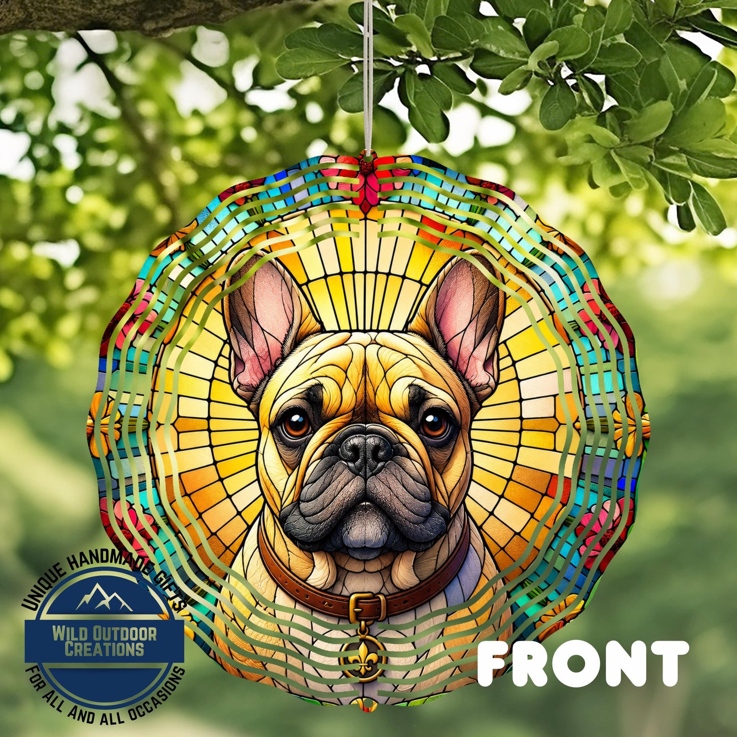 French Bulldog Wind Spinner – 10 Inch Faux Stained Glass Spiral Garden Decor