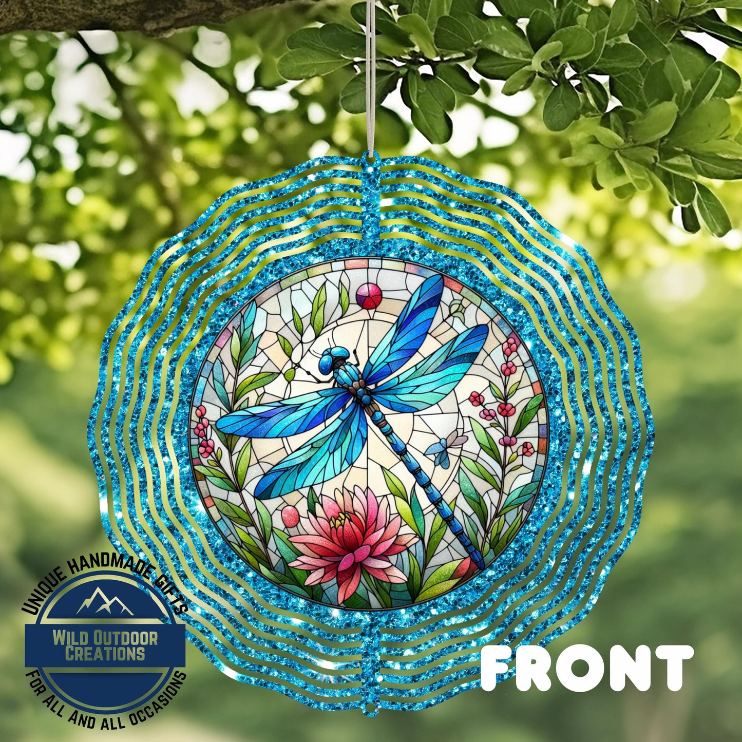 Dragonfly Wind Spinner - Vibrant Faux Glitter Stained Glass Garden Decor - additional angle
