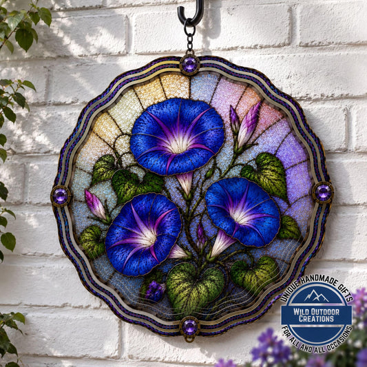 September Birth Flower Wind Spinner Morning Glory Faux Stained Glass Garden Gift Yard Art