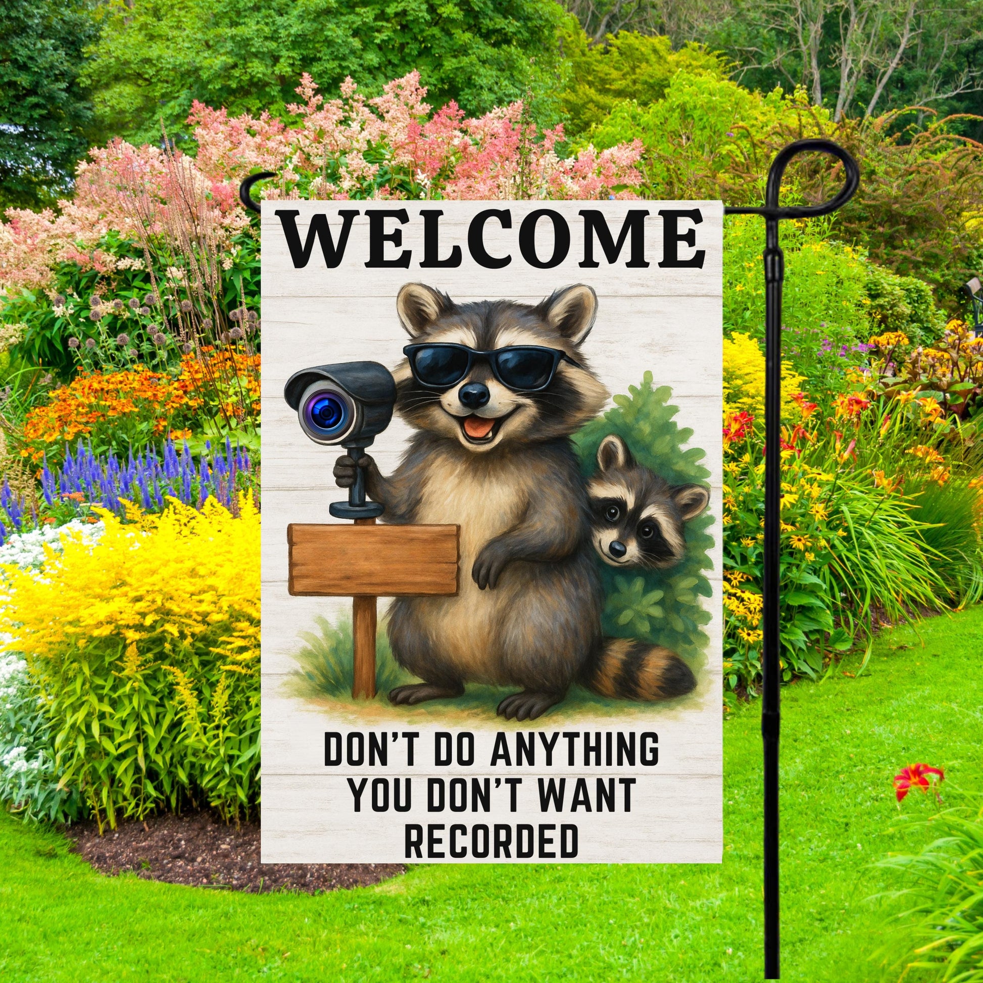Funny Raccoon Garden Flag – Security Camera Porch Decor | Welcome Yard Banner - alternate view