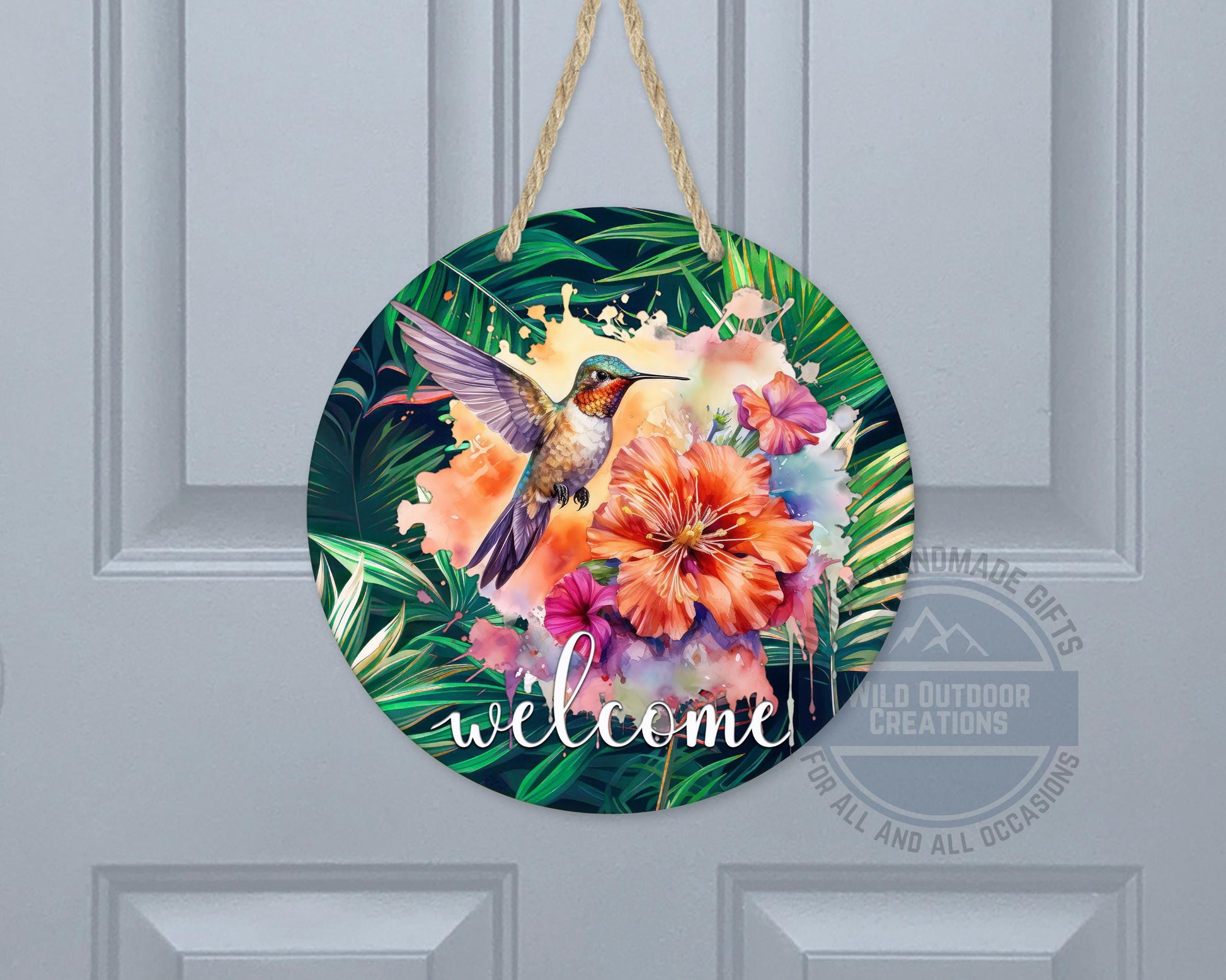 Tropical Hummingbird Door Hanger - Colorful Floral Welcome Sign with Fade Resistant Print - gift presentation view