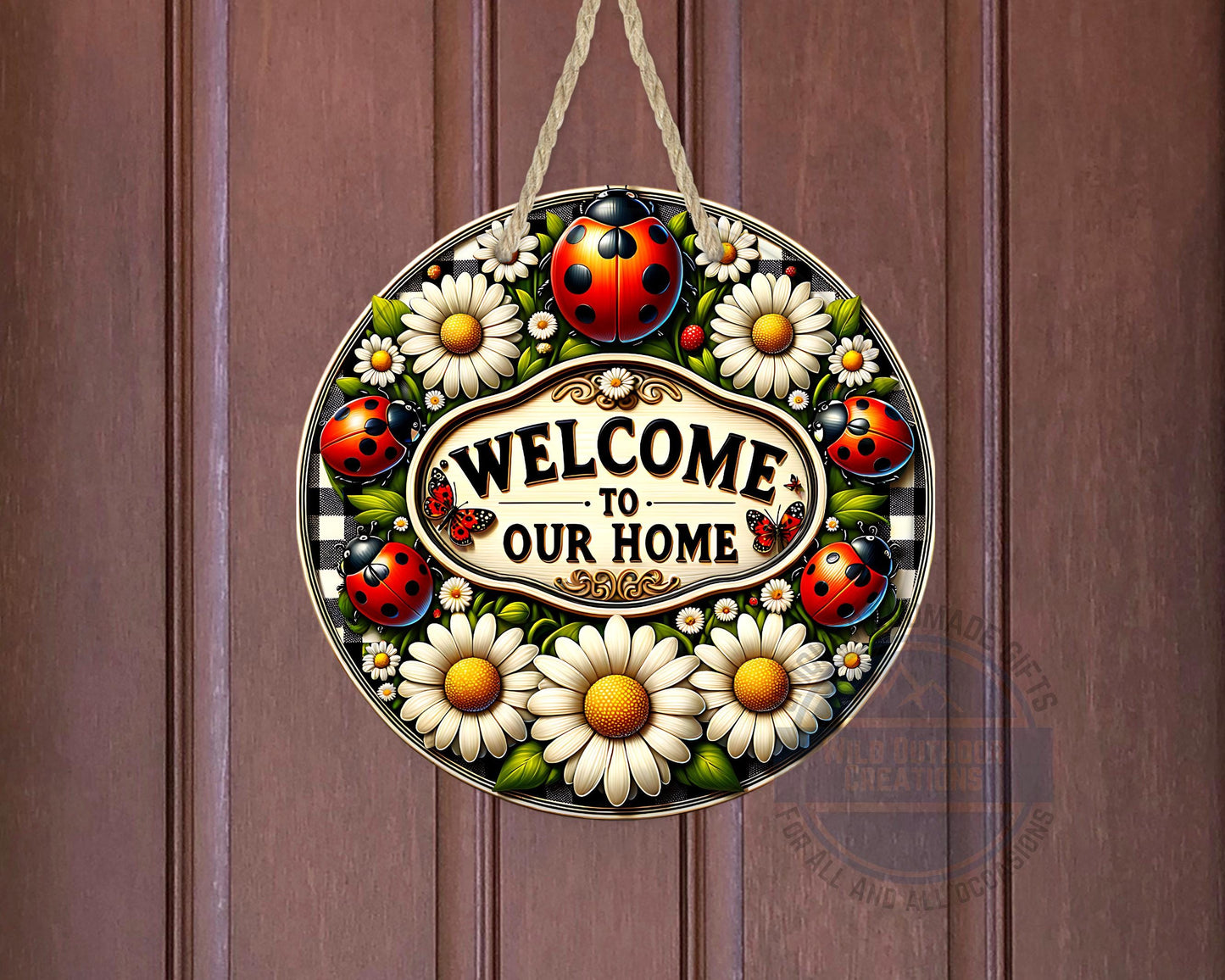 Welcome Door Hanger - Outdoor Aluminum Round Sign With Ladybug & Daisy Design - displayed on front door