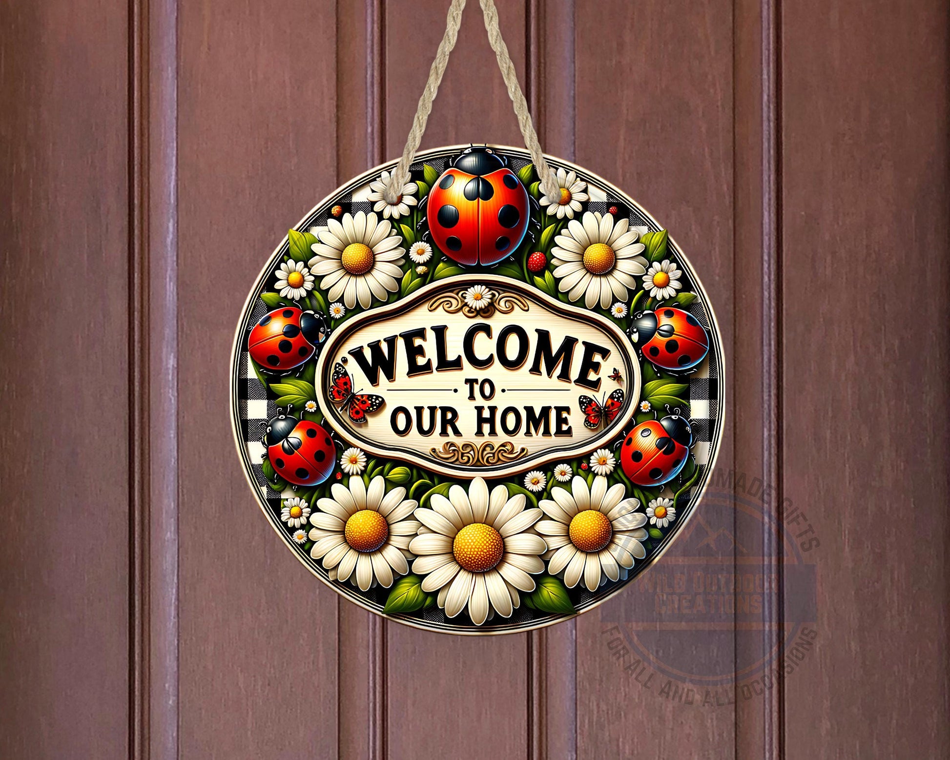 Welcome Door Hanger - Outdoor Aluminum Round Sign With Ladybug & Daisy Design - displayed on front door
