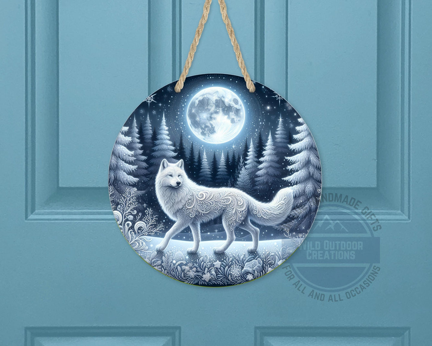 Wolf Door Sign - Rustic Outdoor Decor Full Moon Night with White Wolf Art - product dimensions and specifications