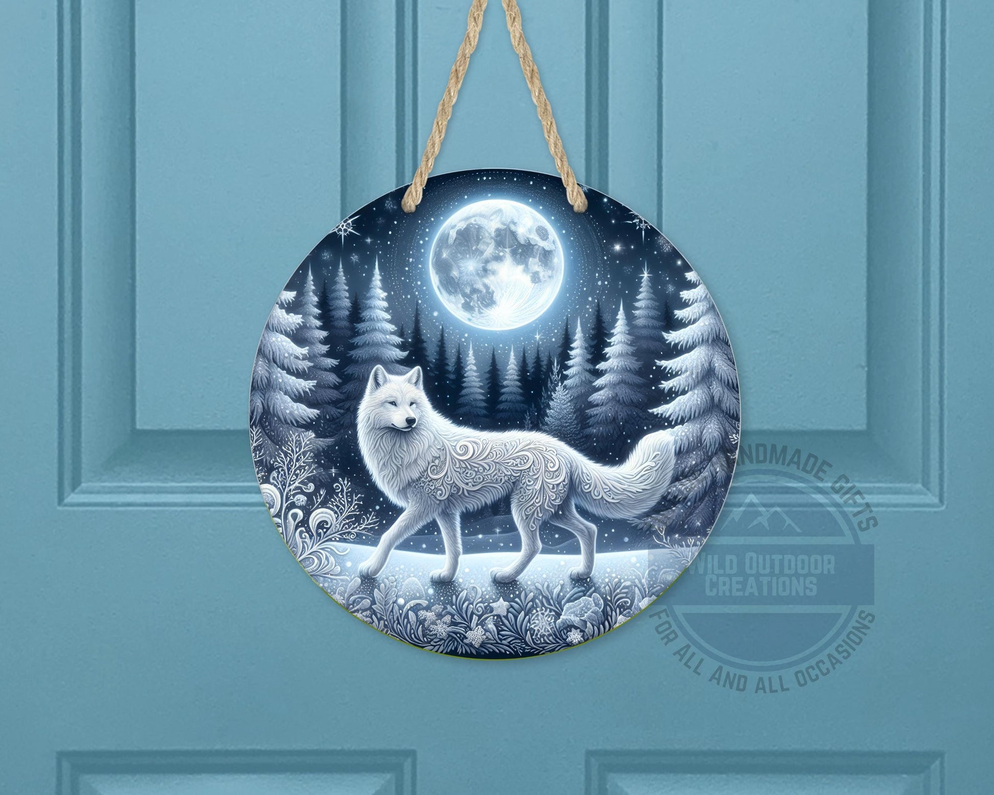 Wolf Door Sign - Rustic Outdoor Decor Full Moon Night with White Wolf Art - product dimensions and specifications