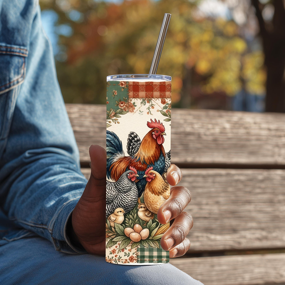 Chicken Tumbler, Rooster Hen Patchwork Quilt, 20 Oz Skinny Gift