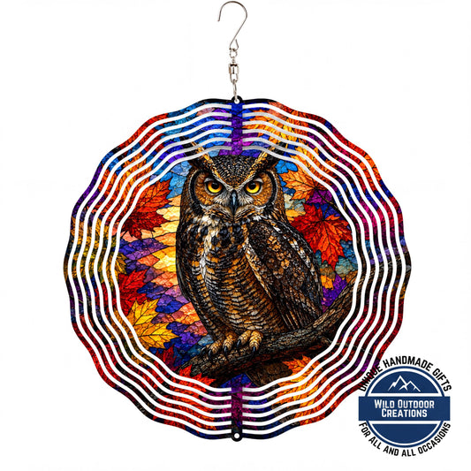 Great Horned Owl Faux Stained Glass Wind Spinner Fall Autumn Leaves Garden