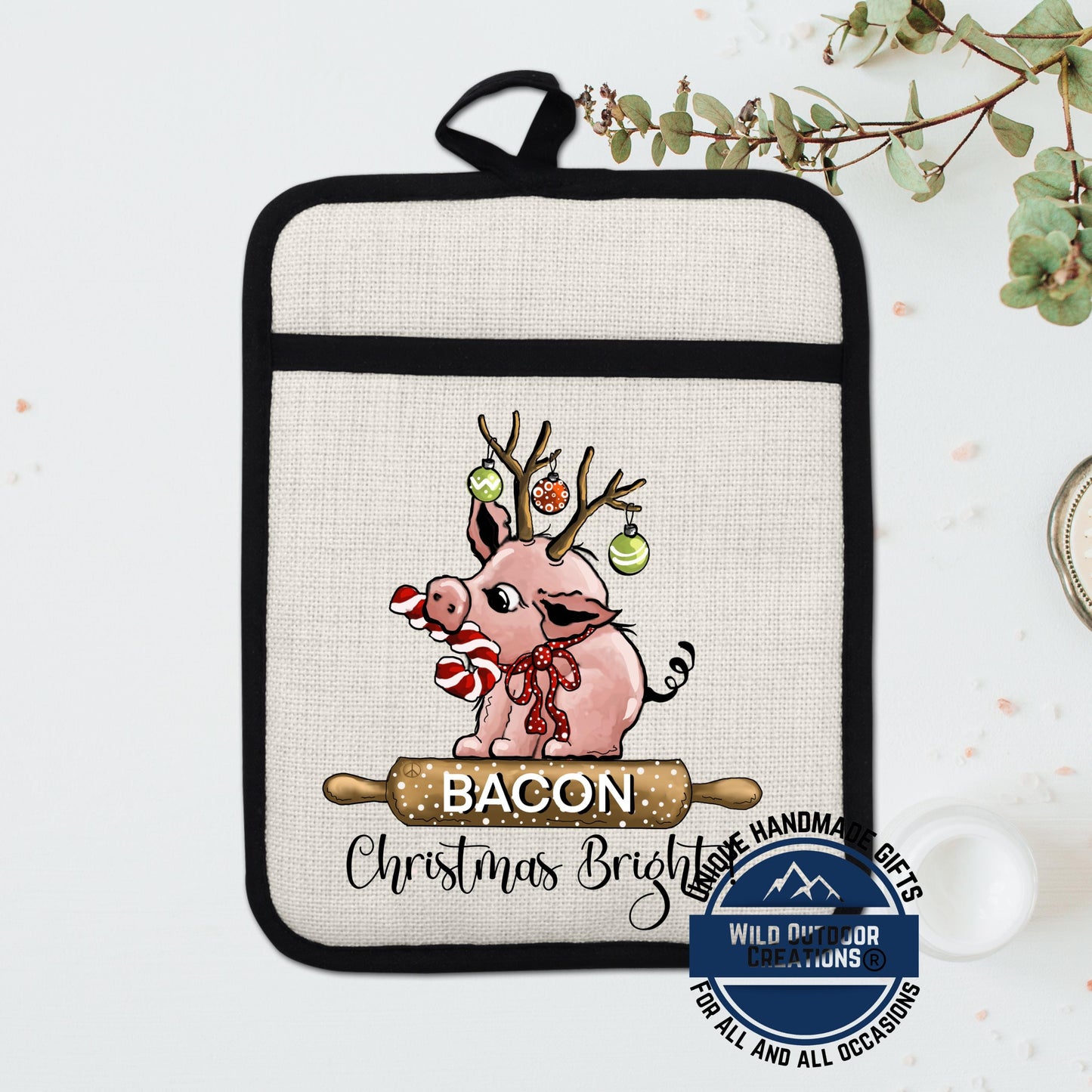 Christmas Pig Pot Holder Linen Hot Pad Bacon Reindeer Funny Kitchen Gift