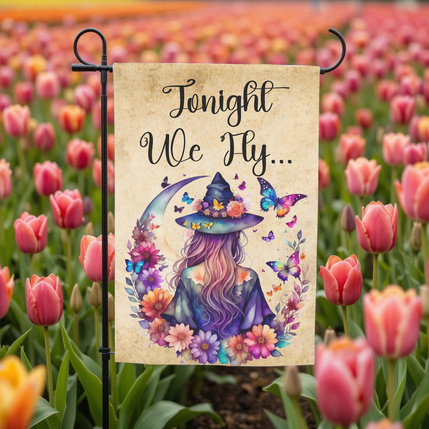 Witch Garden Flag – Floral Butterfly Moon | Boho Halloween Yard Decor 12x18 - design detail