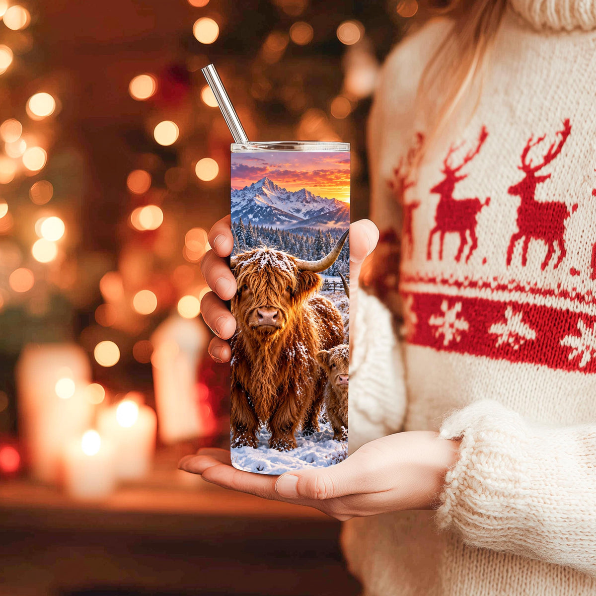 Highland Cow Cup, 20 Oz Skinny Tumbler, Snowy Mountain Cabin Gift