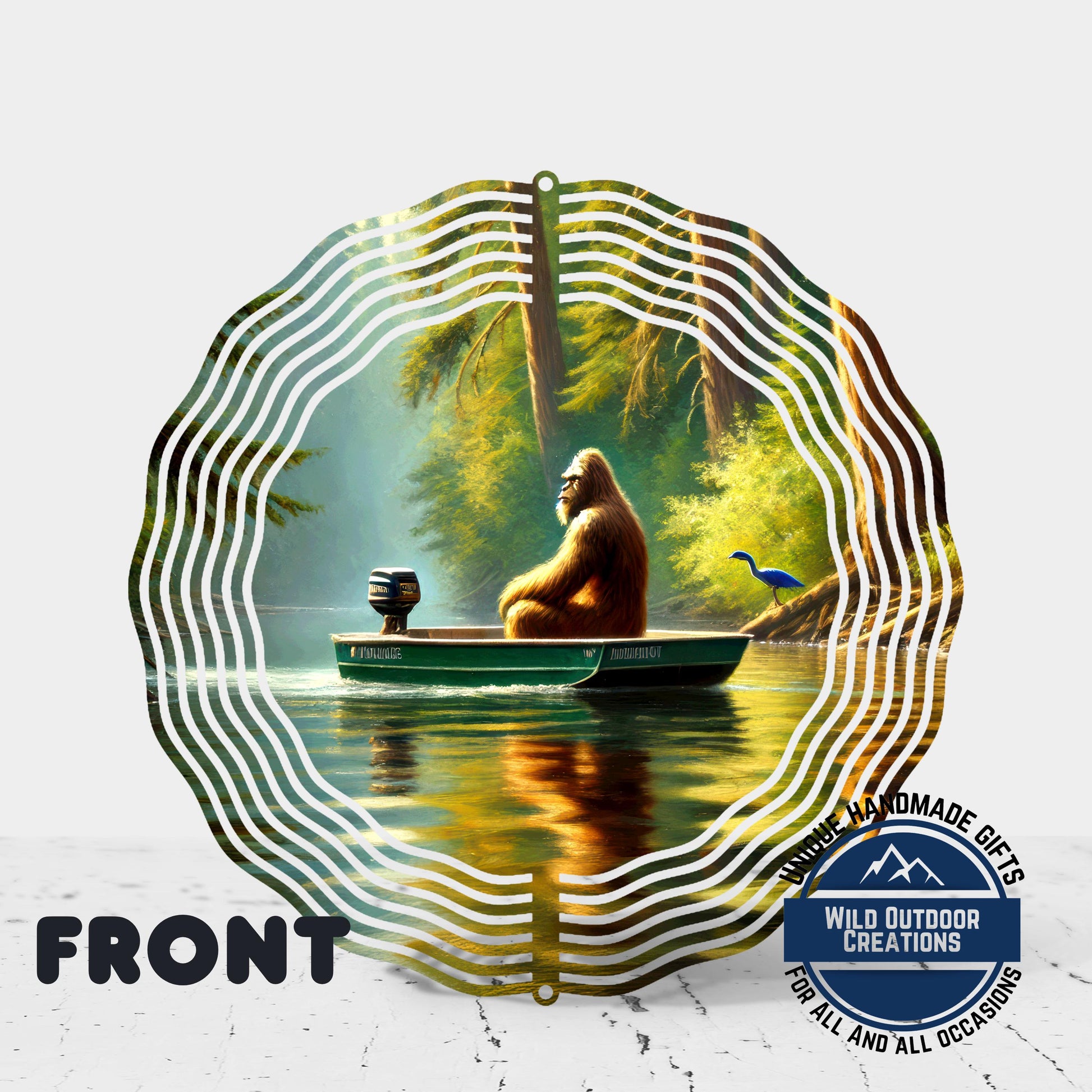 A large, furry orangutan is sitting in a boat on a river, surrounded by a wavy, colorful pattern.