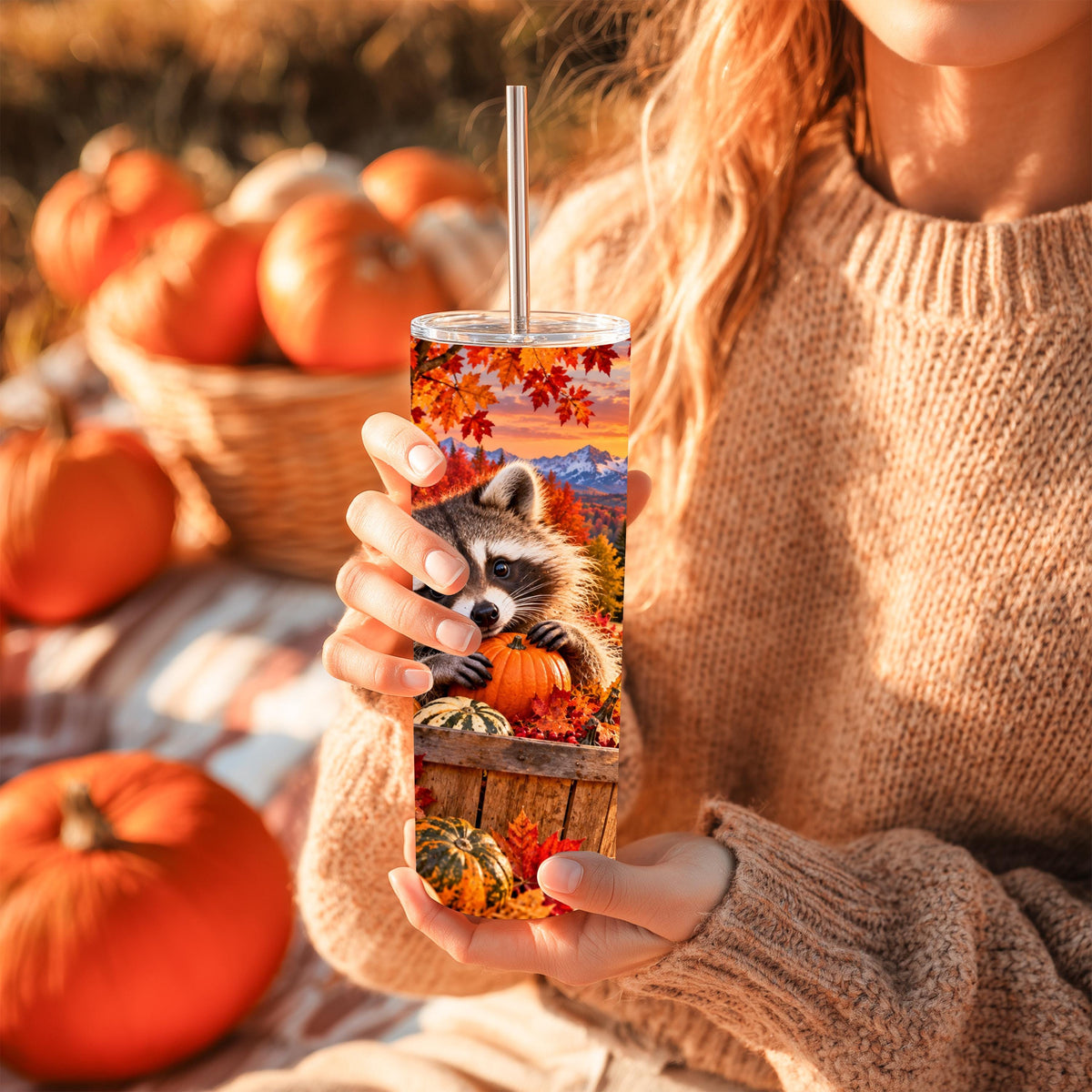 Autumn Tumbler, Raccoon Fall Cup, 20 Oz Skinny, Pumpkin Harvest Art