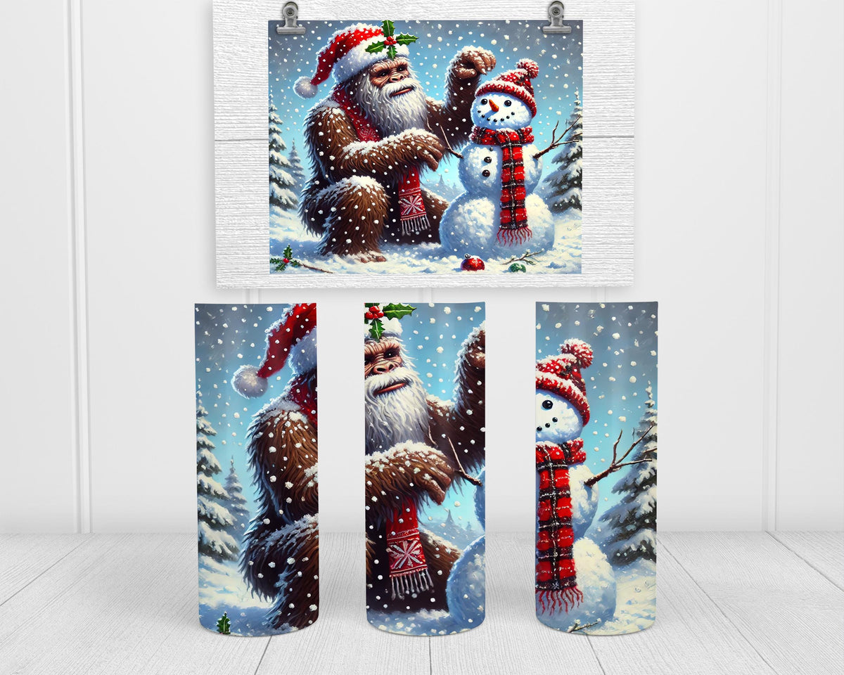 Bigfoot Tumbler, Sasquatch Santa Hat Scene, 20 Oz Skinny Wrap
