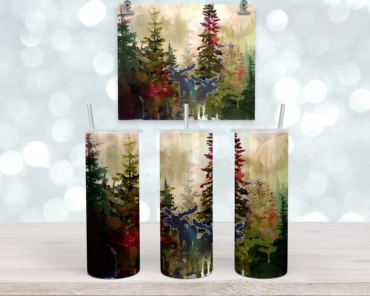 Moose Tumbler| Watercolor Forest Scene, 20Oz Stainless Steel Mug