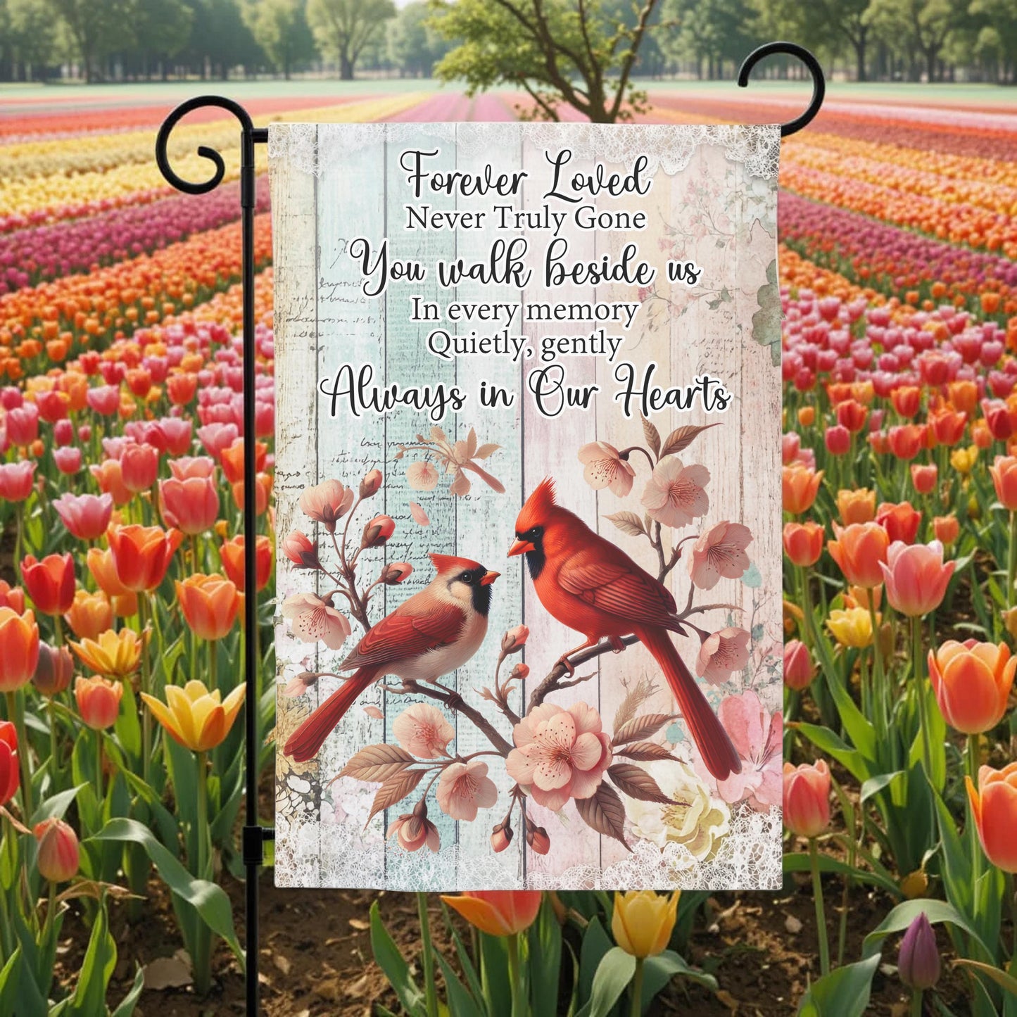 Memorial Garden Flag - Forever Loved Cardinal Tribute, Double Sided, Weather Resistant 12x18 - design detail