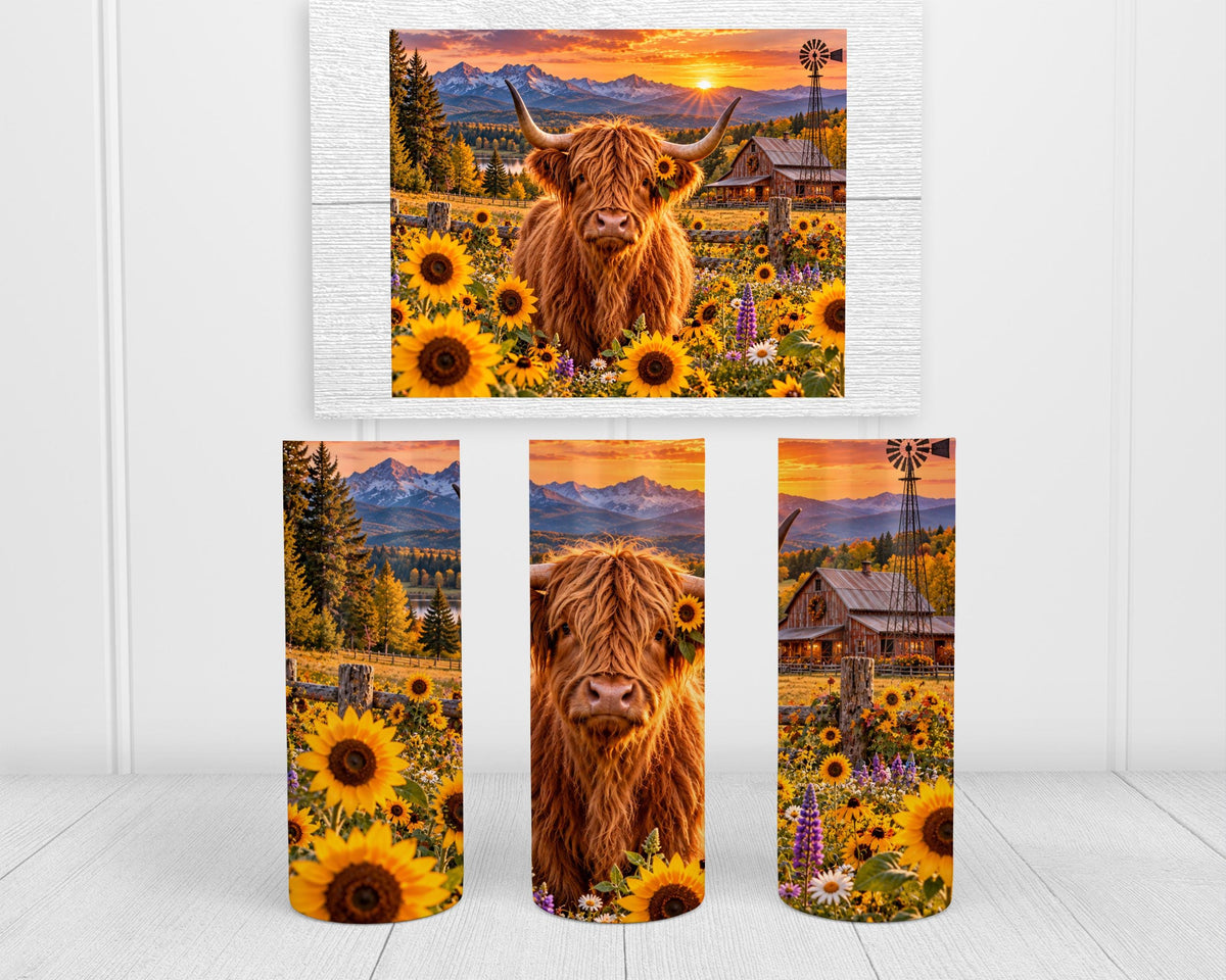 Highland Cow Cup, Sunflower Wrap | 20 Oz Skinny Tumbler Set