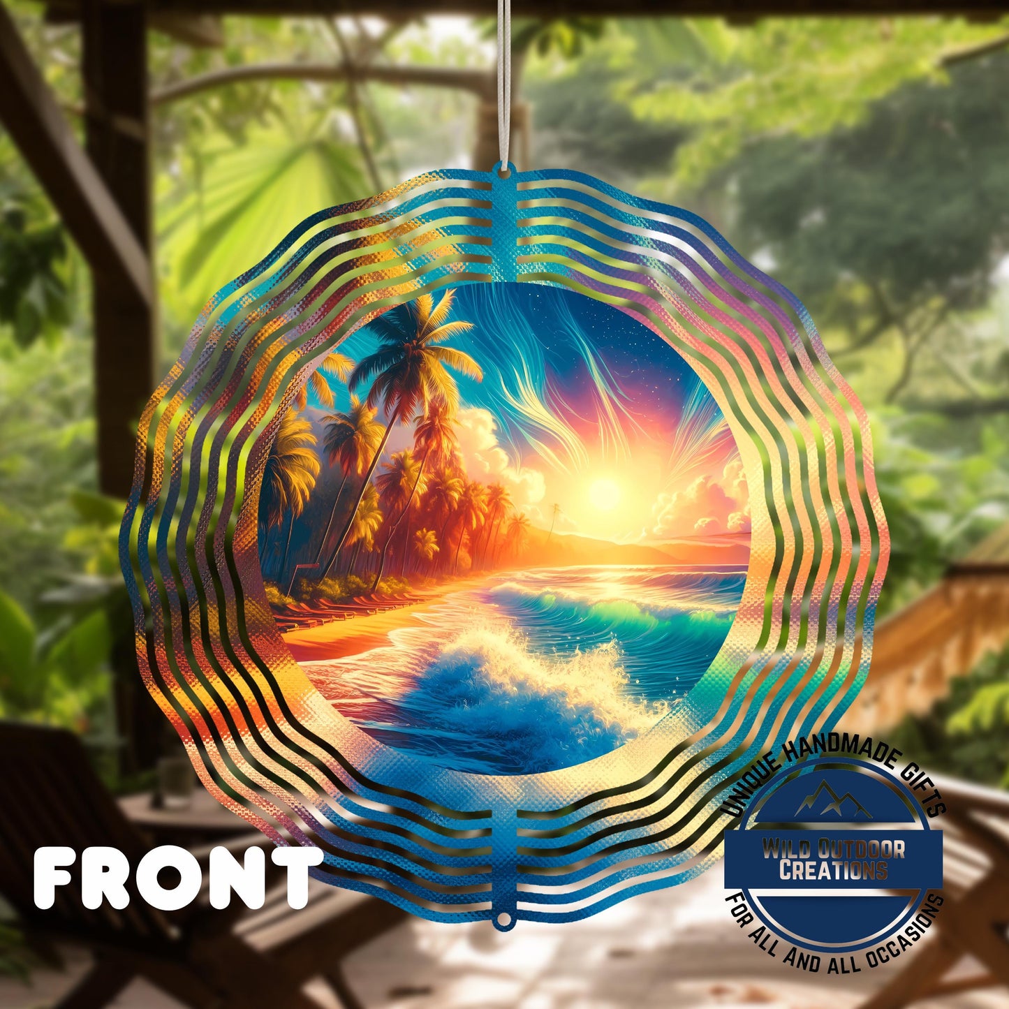 Garden Wind Spinner - Beach Sunset Spinner | Aluminum Coastal Decor, UV Protected - shown spinning in outdoor garden setting