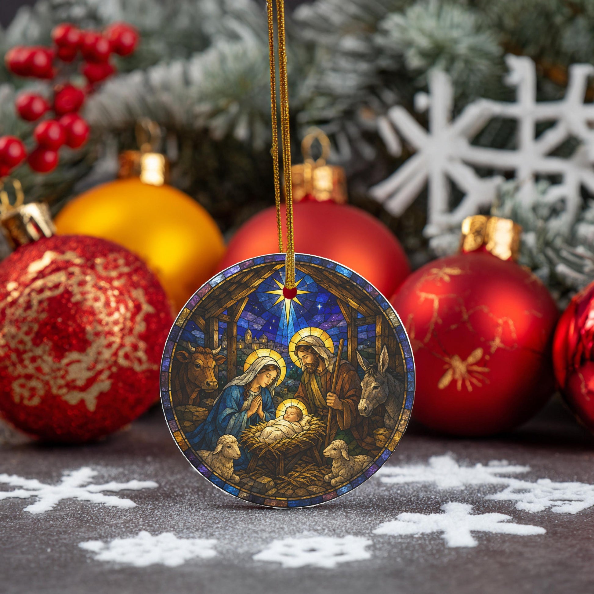 A stained glass ornament depicting the nativity scene is surrounded by Christmas ornaments and snowflakes, creating a festive holiday scene.