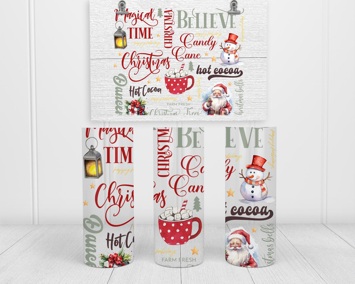 Christmas Tumbler Silver Glitter, Skinny 20 Oz, Santa Snowman Cocoa