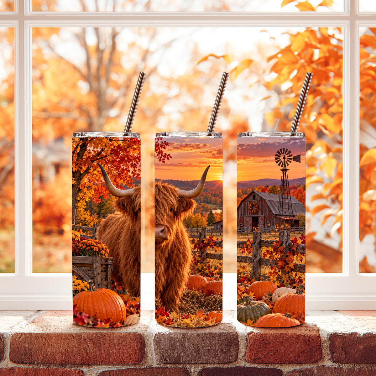 20 Oz Skinny Tumbler, Highland Cow Fall Pumpkin Patch, Red Barn
