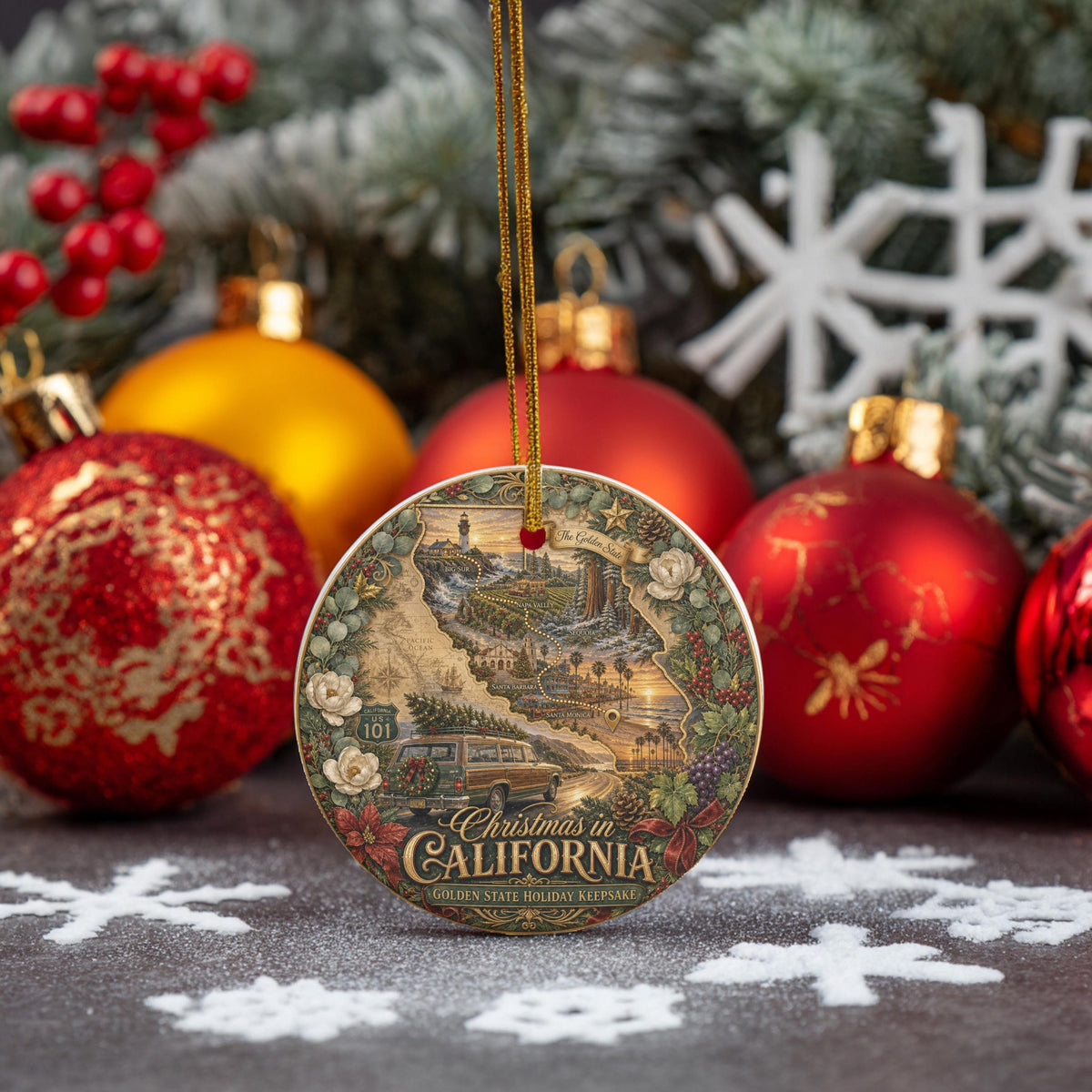 California Christmas Ornament, Vintage Wagon Ceramic Keepsake