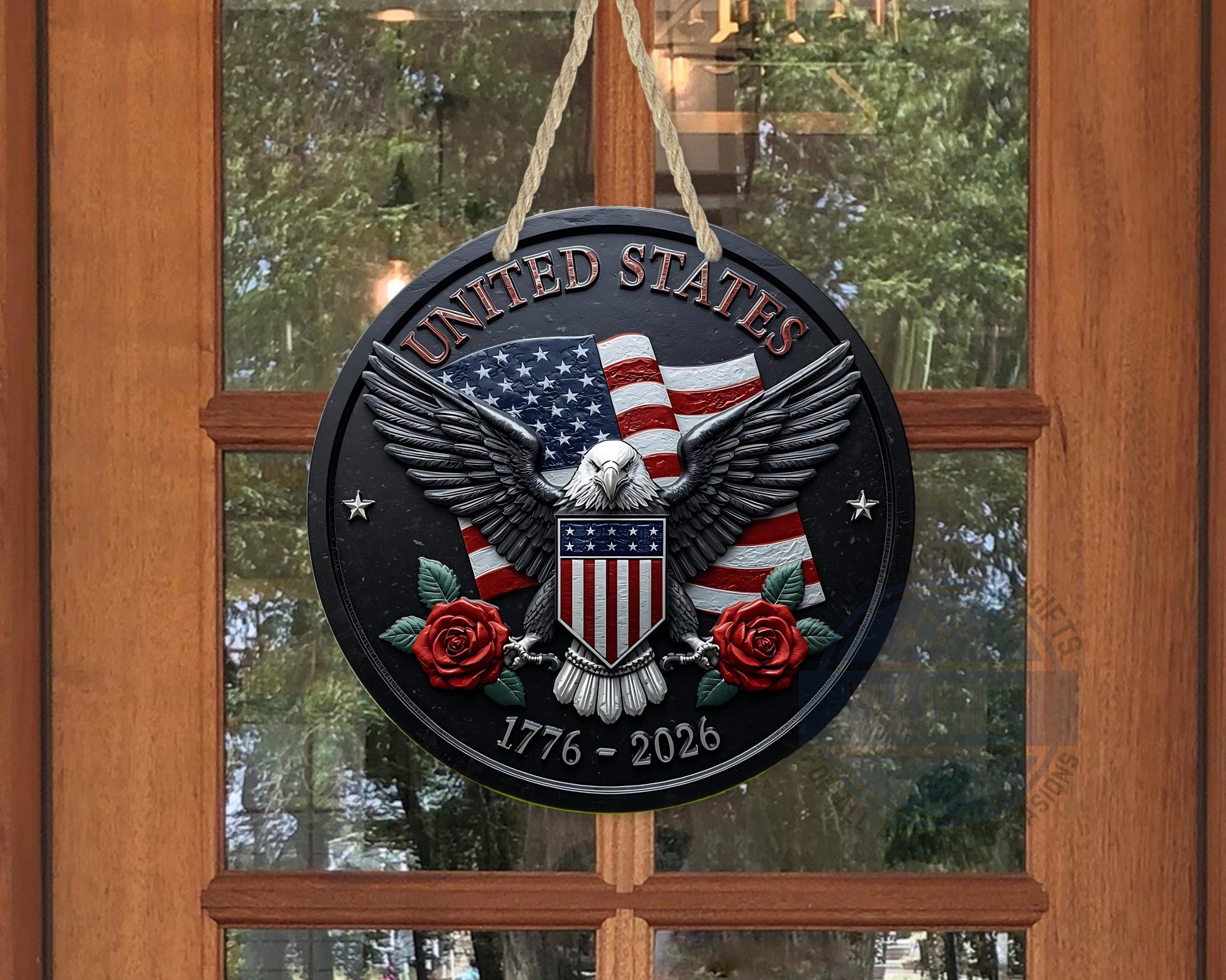 American Eagle Door Hanger - Round Aluminum Patriotic Door Sign, Veteran Gift Idea - displayed on front door