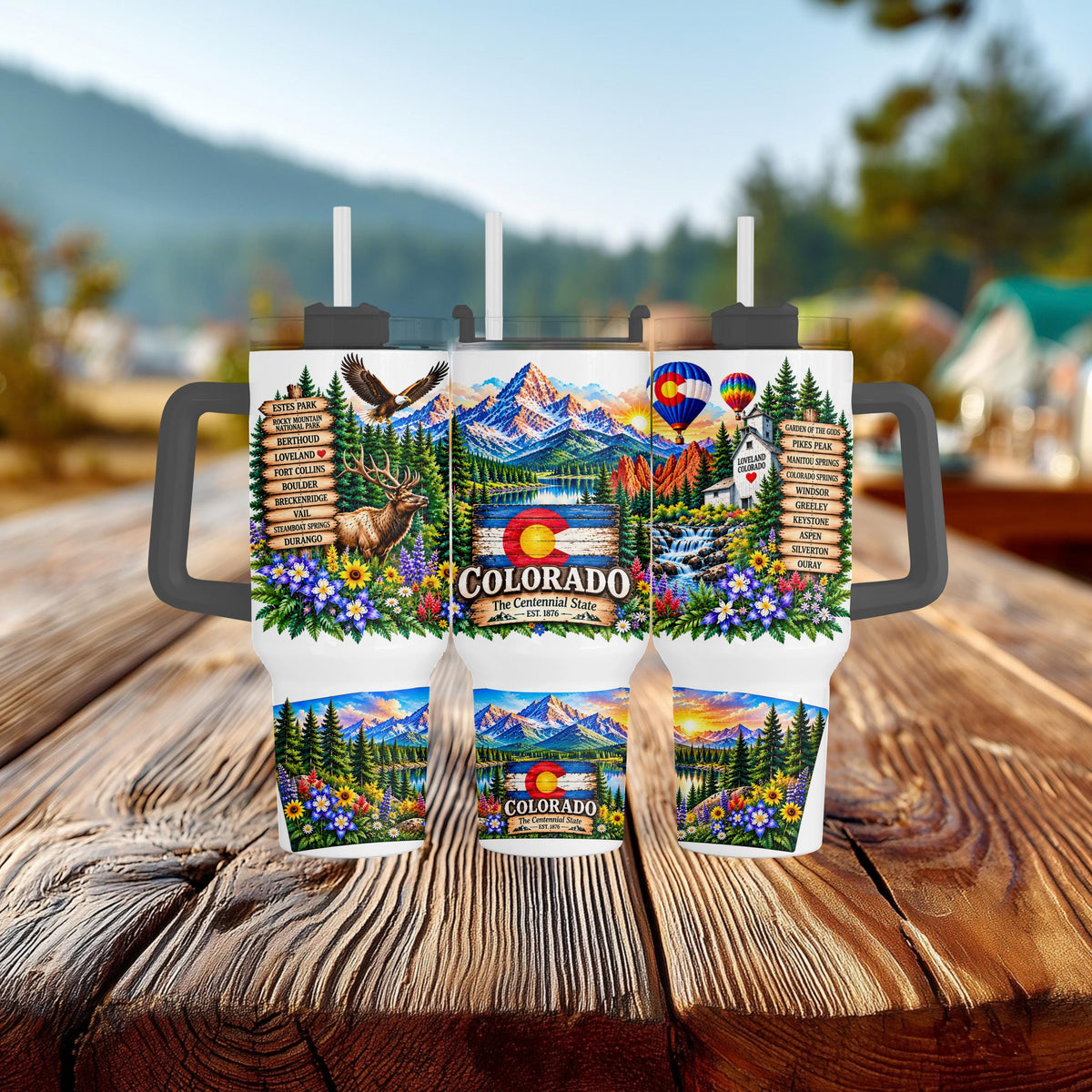 Colorado 40 Oz Tumbler, Handle, Elk, Columbine, Flag Gift Cup Set