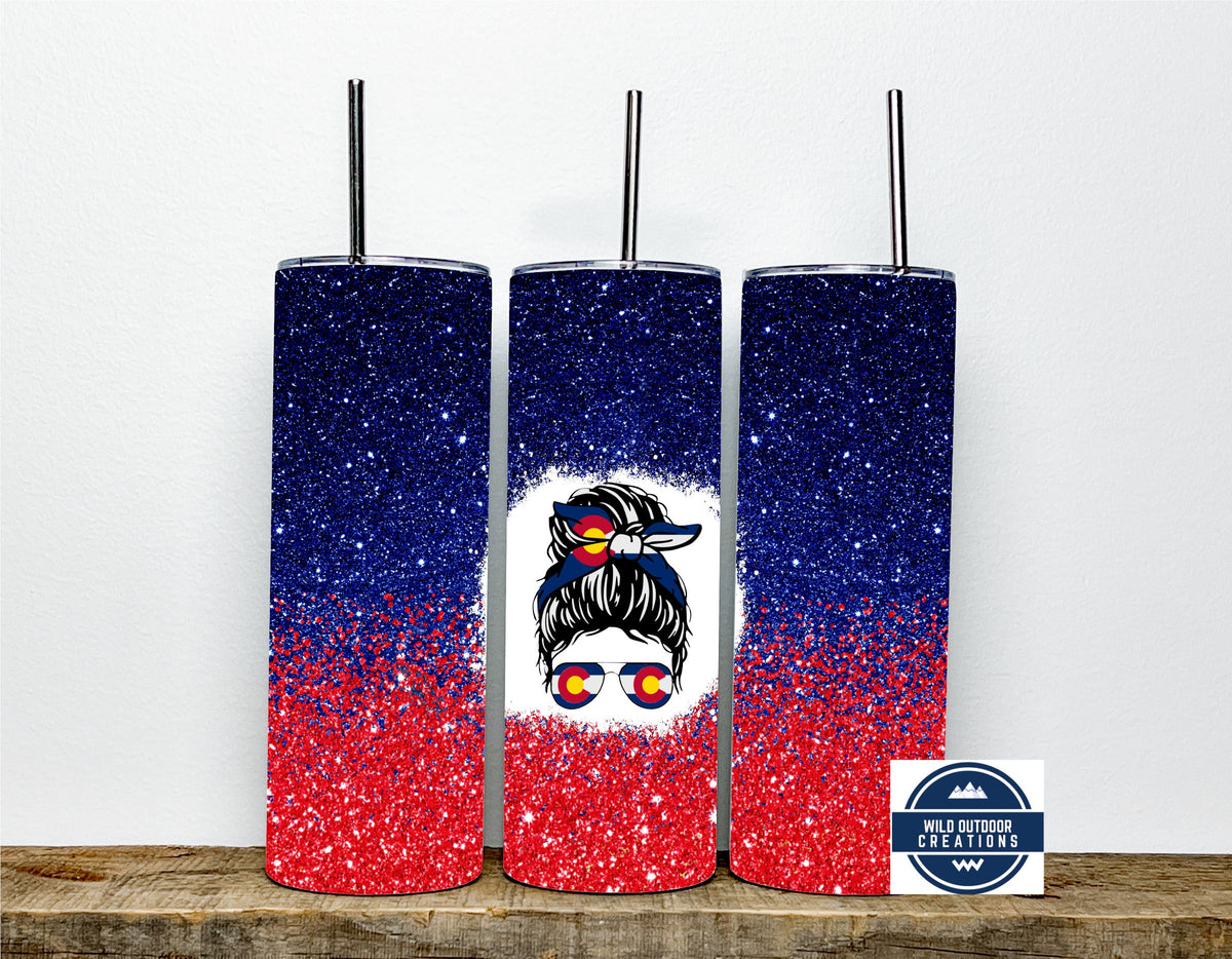 20Oz Stainless Steel Tumbler, Colorado Messy Bun Life, Faux Glitter Wrap