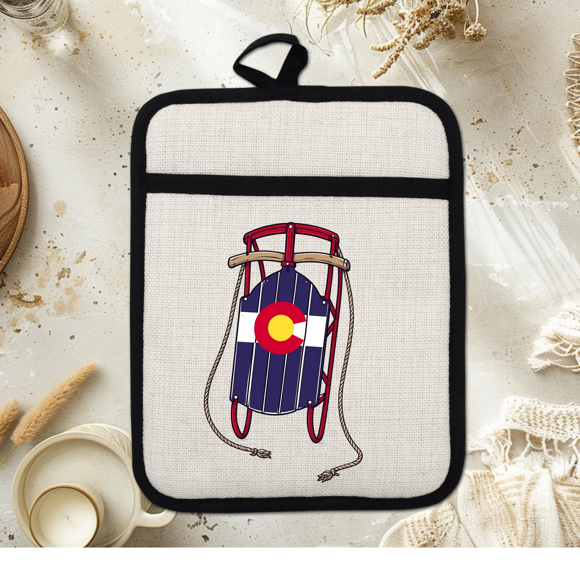 Colorado Sled Pot Holder - Linen Pot Holder with Silicone Back Trivet, Heat Resistant Oven Mitt - packaging and presentation
