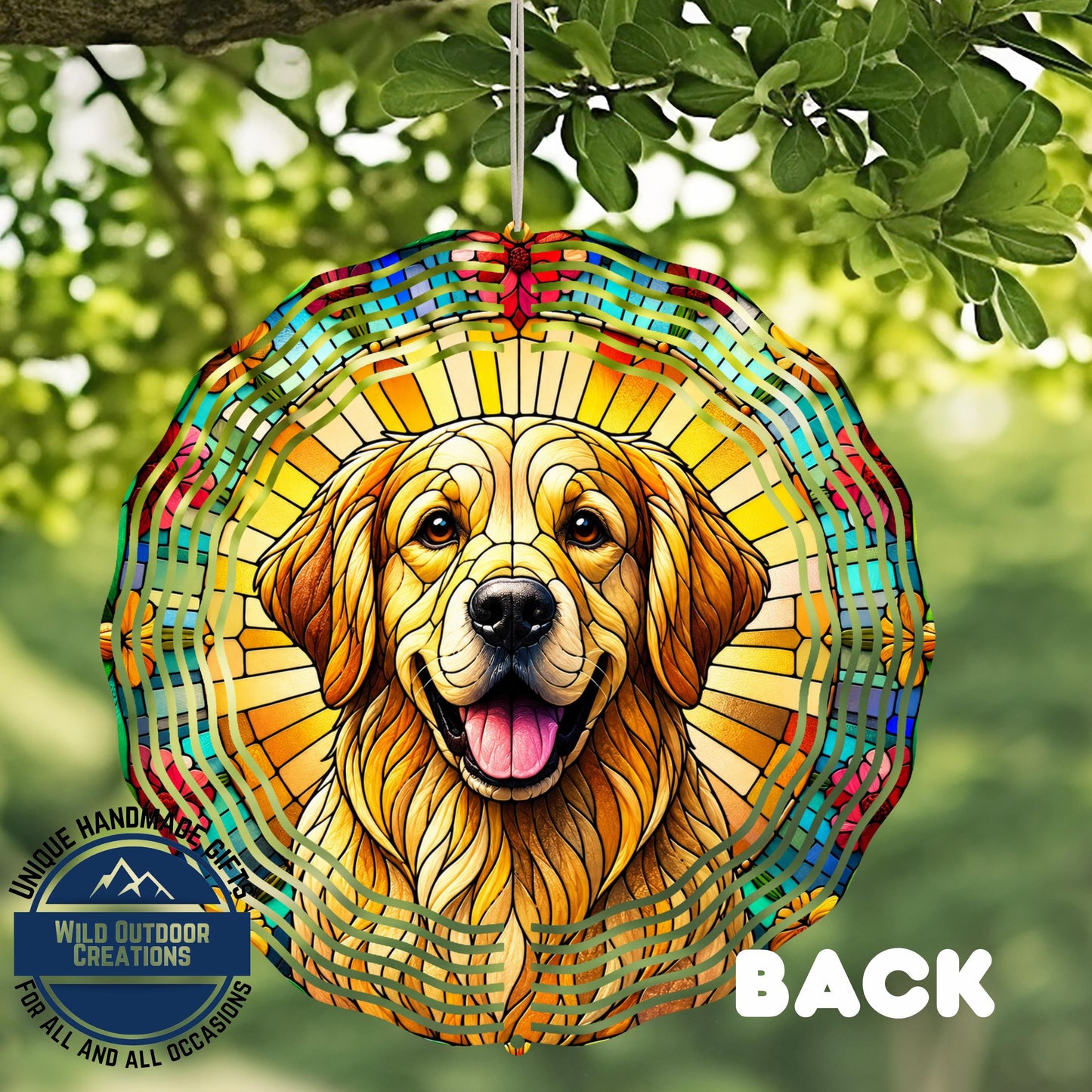Golden Retriever Wind Spinner - 10 Inch Spiral Faux Stained Glass Garden Decor