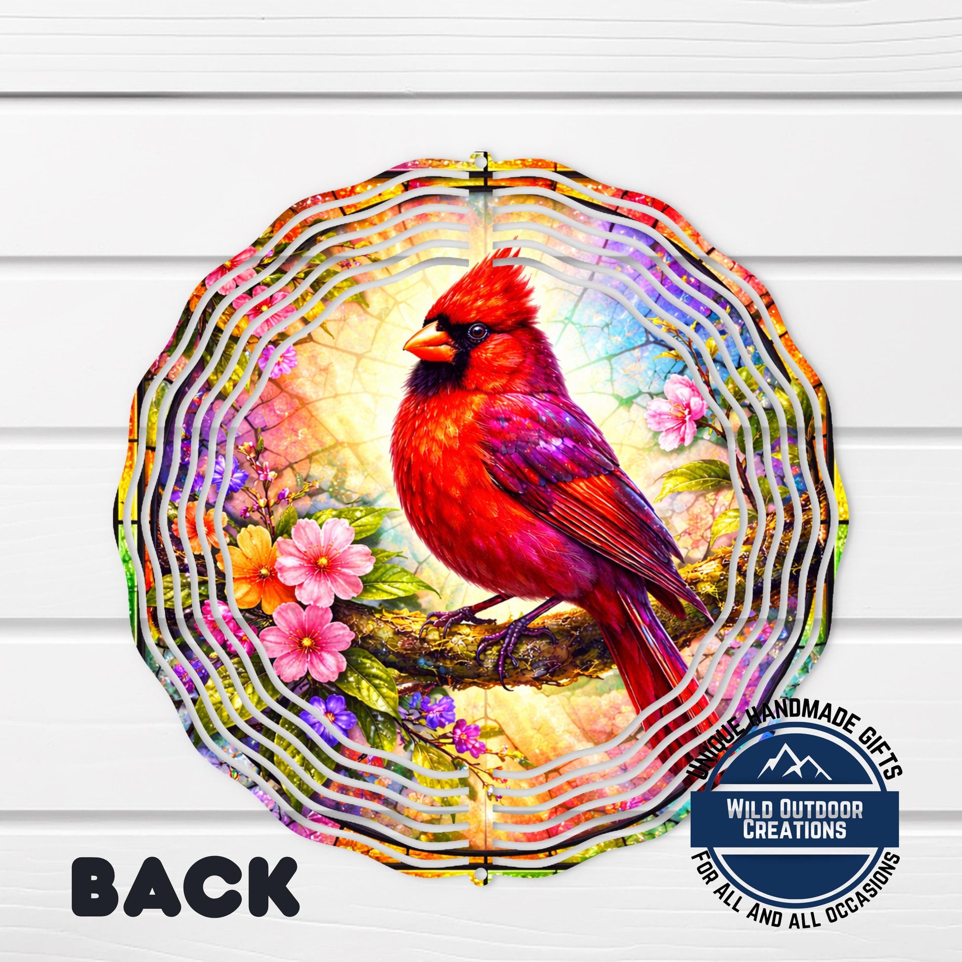 Cardinal Wind Spinner - 10 Inch Aluminum Outdoor Garden Decor With Pink Yellow Flowers - alternate view