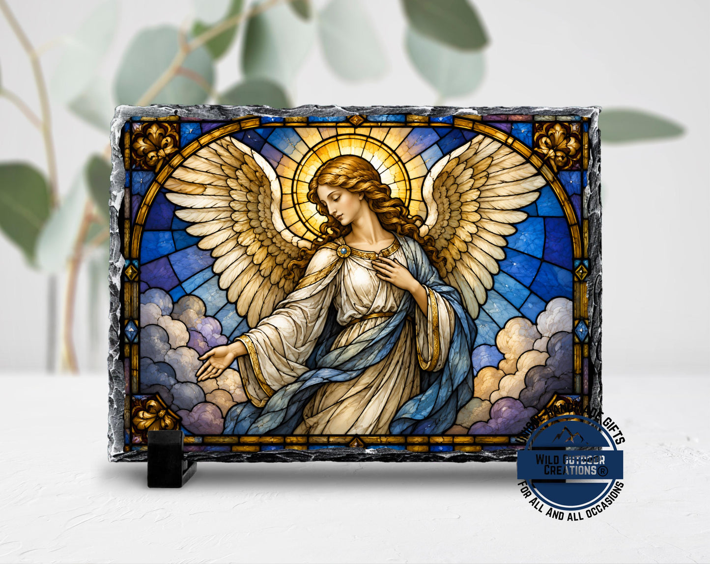 Guardian Angel Faux Stained Glass Slate Plaque, Religious Wall Decor, Christian Sympathy Gift
