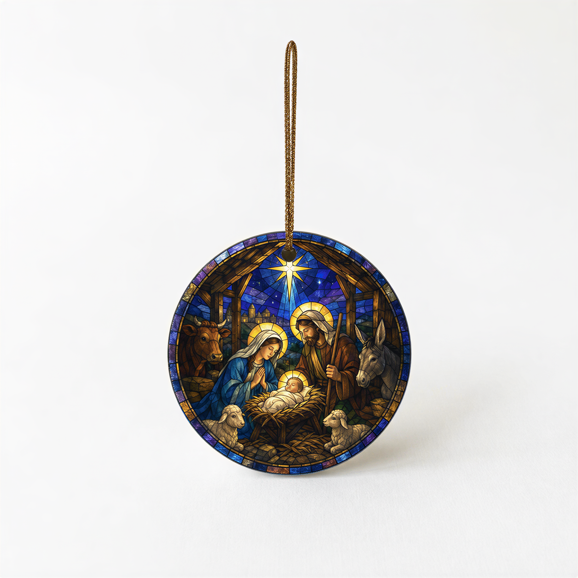 A round ornament featuring a stained glass nativity scene with the baby Jesus, Mary, and Joseph in a stable surrounded by animals.