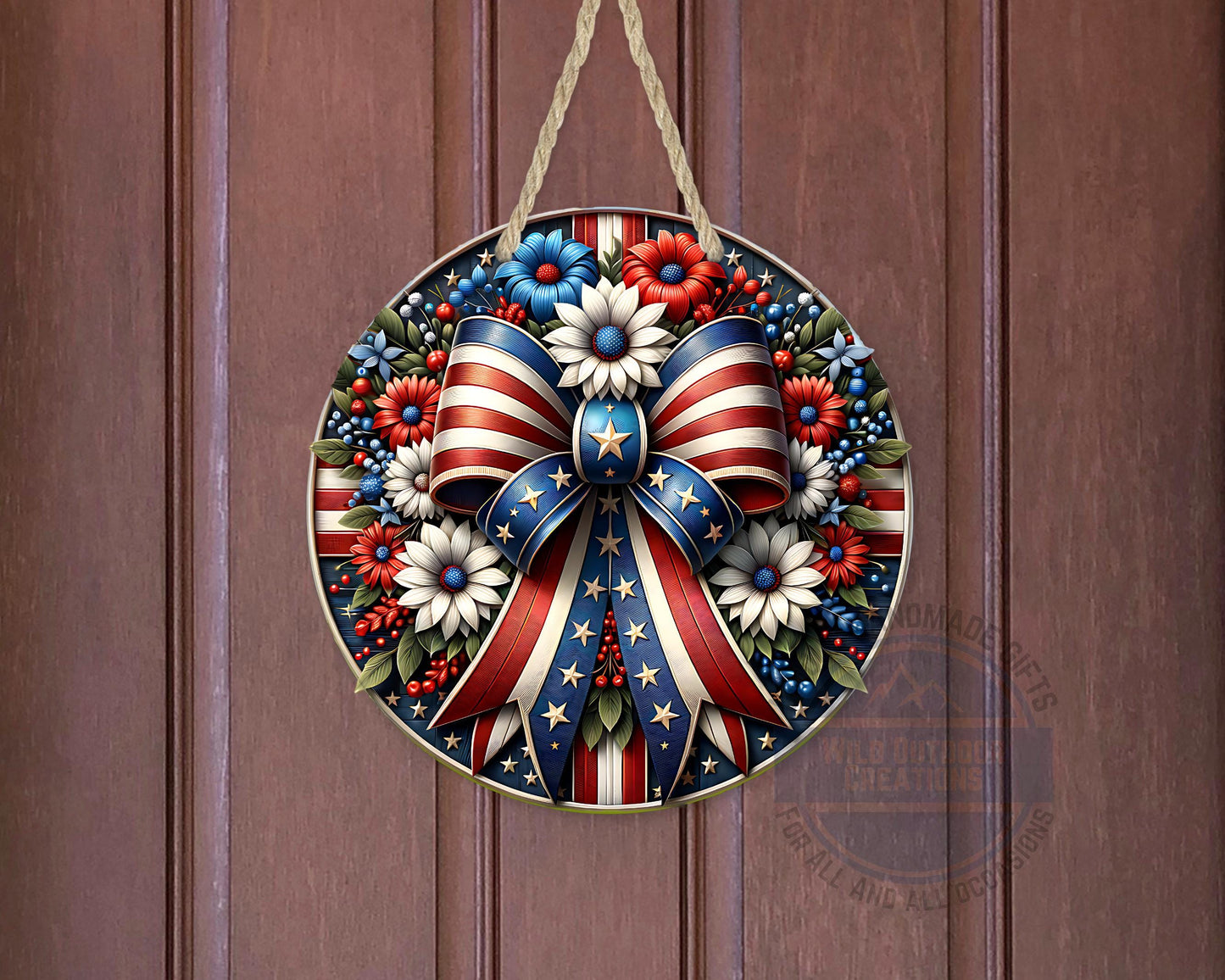 Patriotic Door Hanger – Aluminum Door Sign with American Flag Bow & Floral Design - displayed on front door