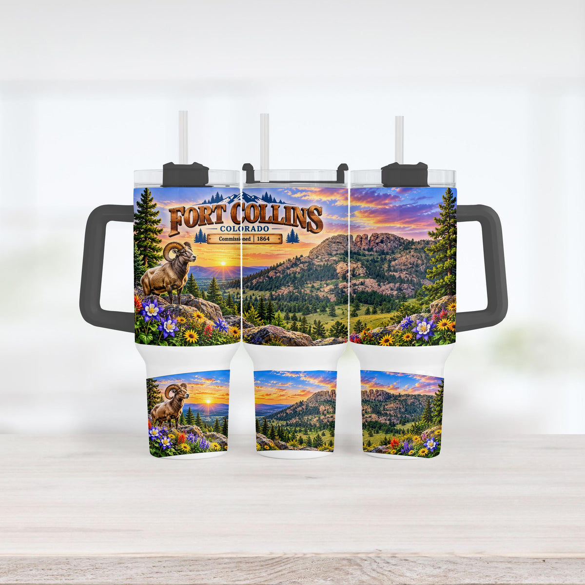 Fort Collins Tumbler, 40 Oz With Handle, Bighorn Sheep Gift