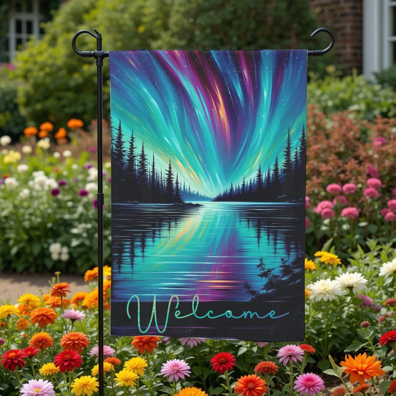 Northern Lights Garden Flag - Aurora Borealis Lake Reflection Outdoor Yard Decor - additional product photo 10