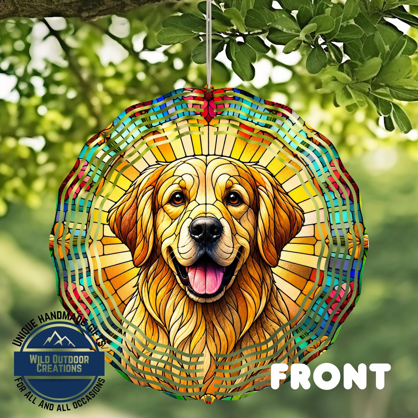 Golden Retriever Wind Spinner - 10 Inch Spiral Faux Stained Glass Garden Decor