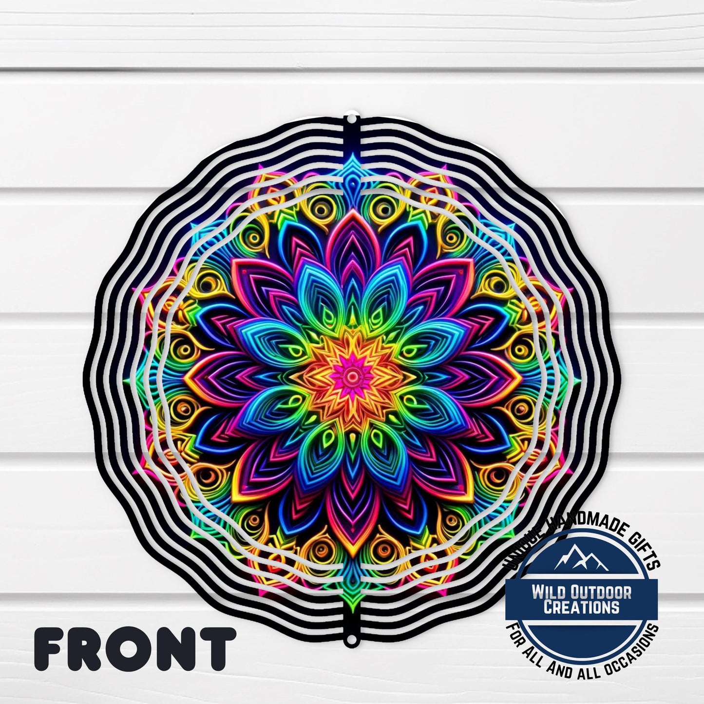 Neon Rainbow Wind Spinner – 10 Inch Mandala Double-Sided Aluminum Yard Art - scale and size reference