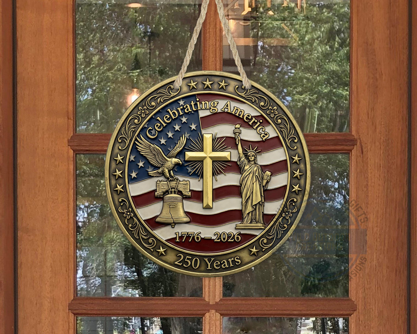 Patriotic Door Decor - America 250 Years Aluminum Door Sign 10" USA Hanger - scale and size reference