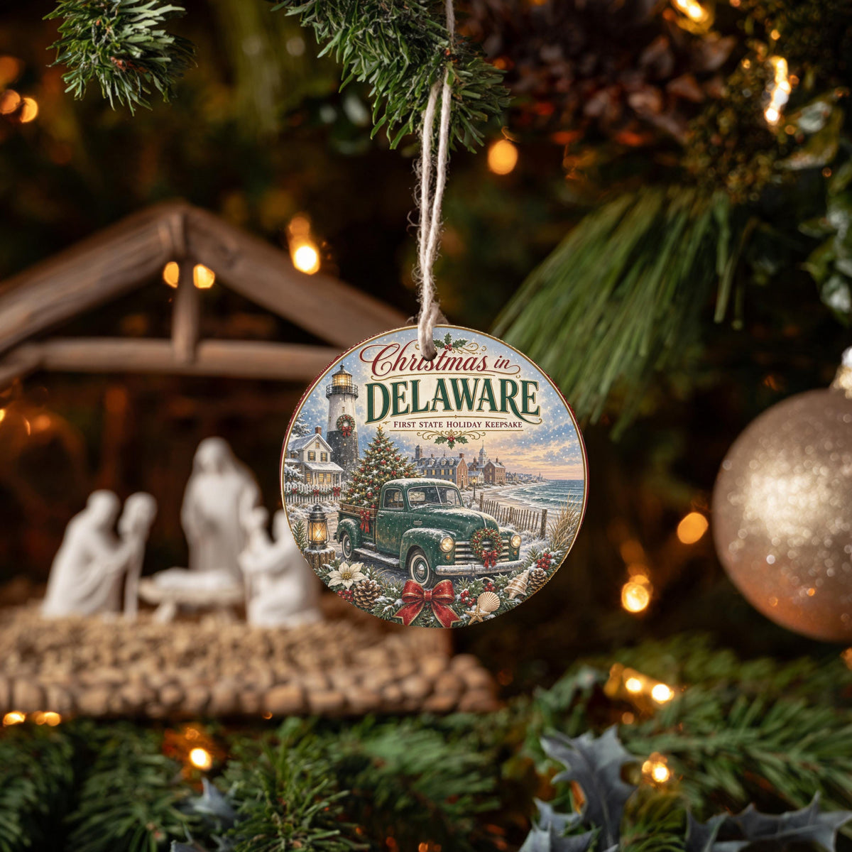 Delaware Christmas Ornament, Coastal Lighthouse Vintage Truck Art