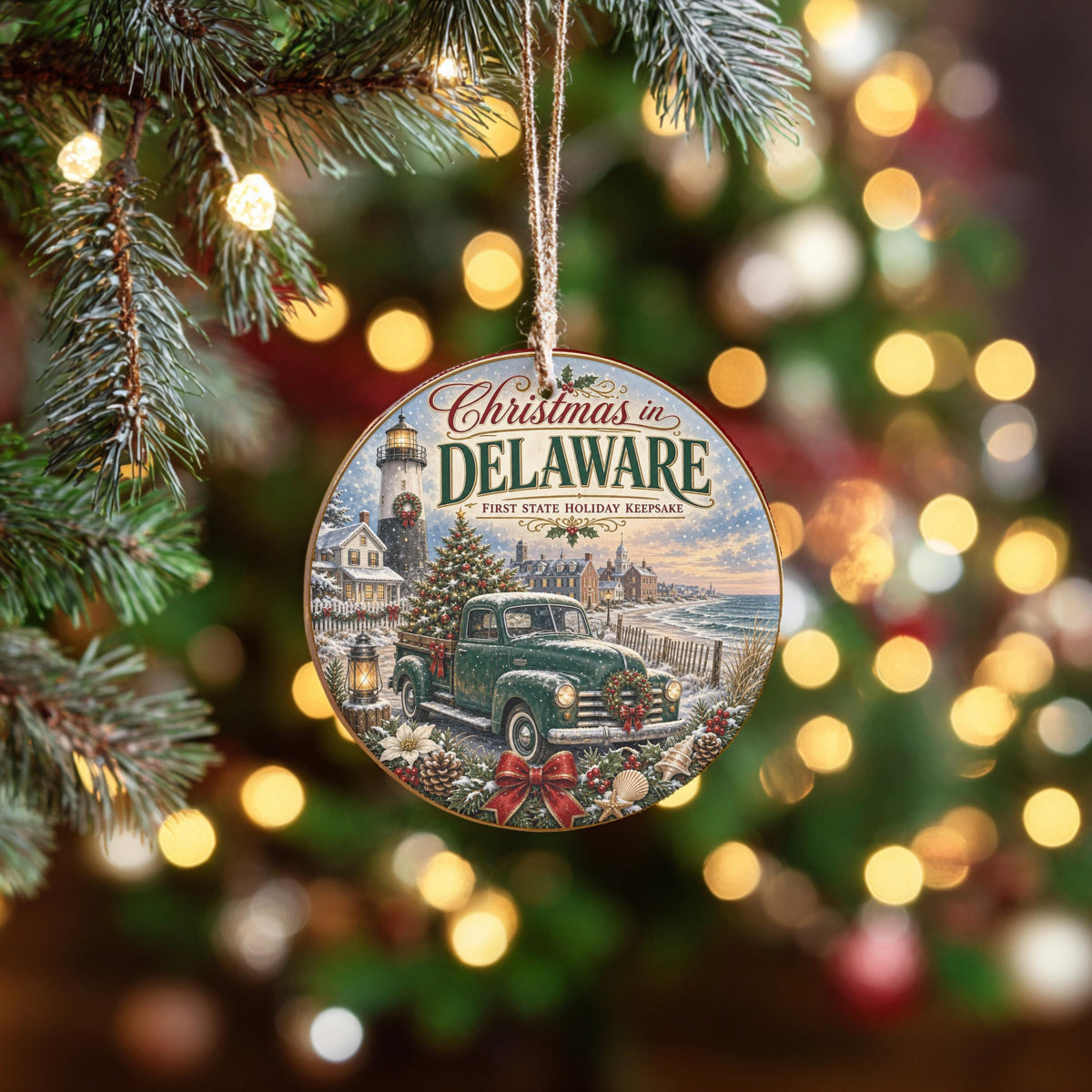 Delaware Christmas Ornament, Coastal Lighthouse Vintage Truck Art