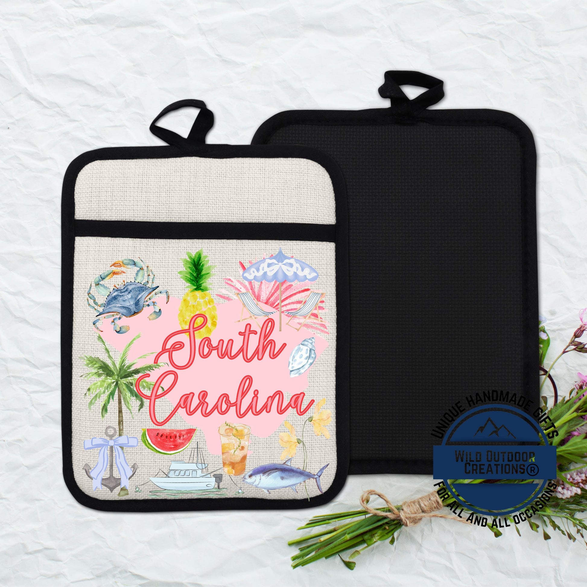 South Carolina Pot Holder – Non Slip Potholder with Linen Sublimation Fabric, Coastal Kitchen Decor - additional angle