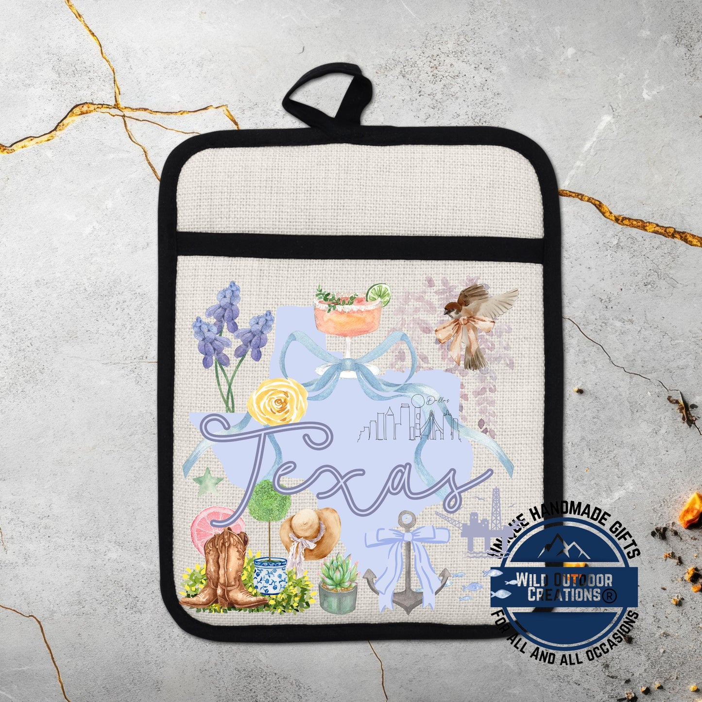 Texas Pocket Pot Holder – Non Slip Potholder with Watercolor Design & Heat Resistant Pocket - packaging and presentation